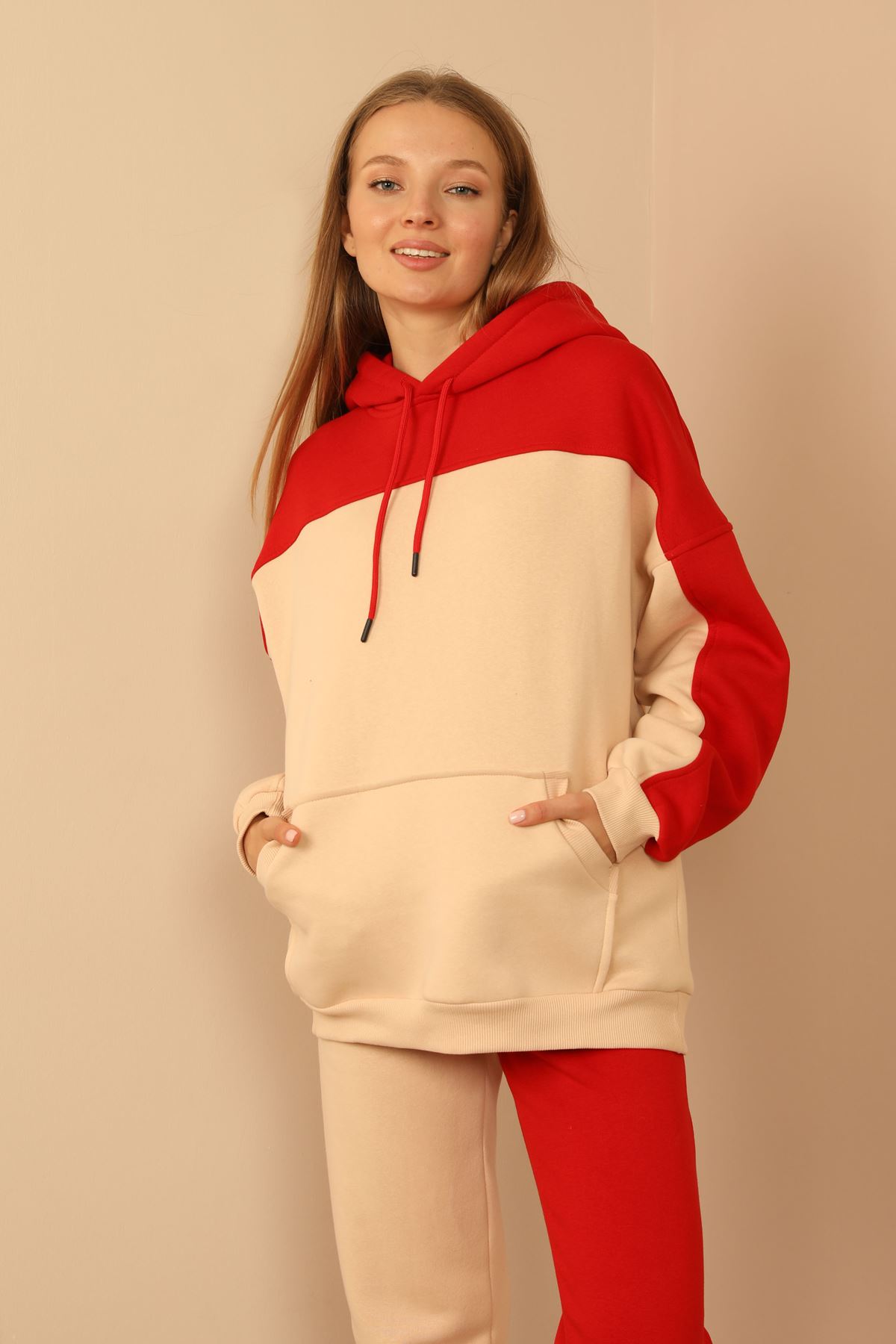 Third Knit Fabric Hooded Women Sets-Red