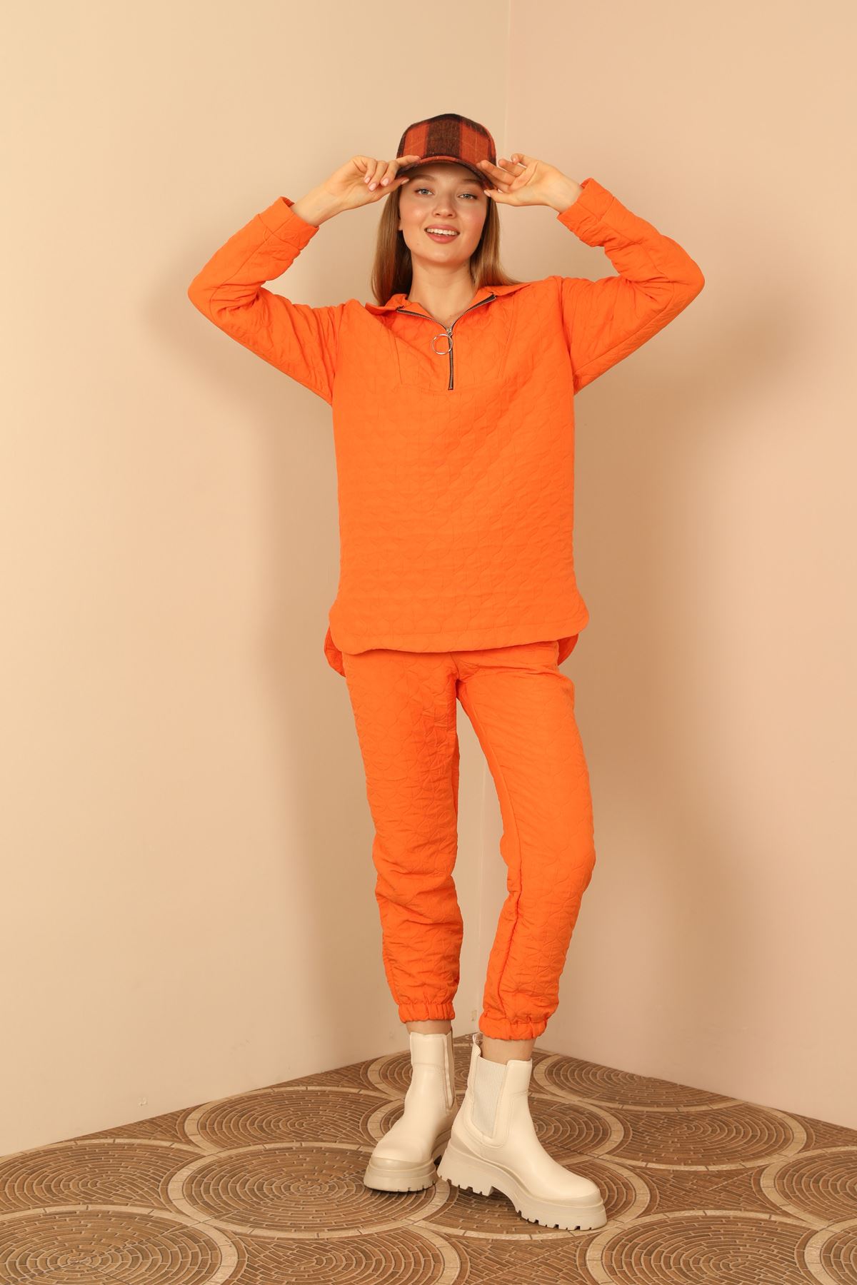 Стеганый костюм с капюшоном из жаккардовой ткани-Оранжевый