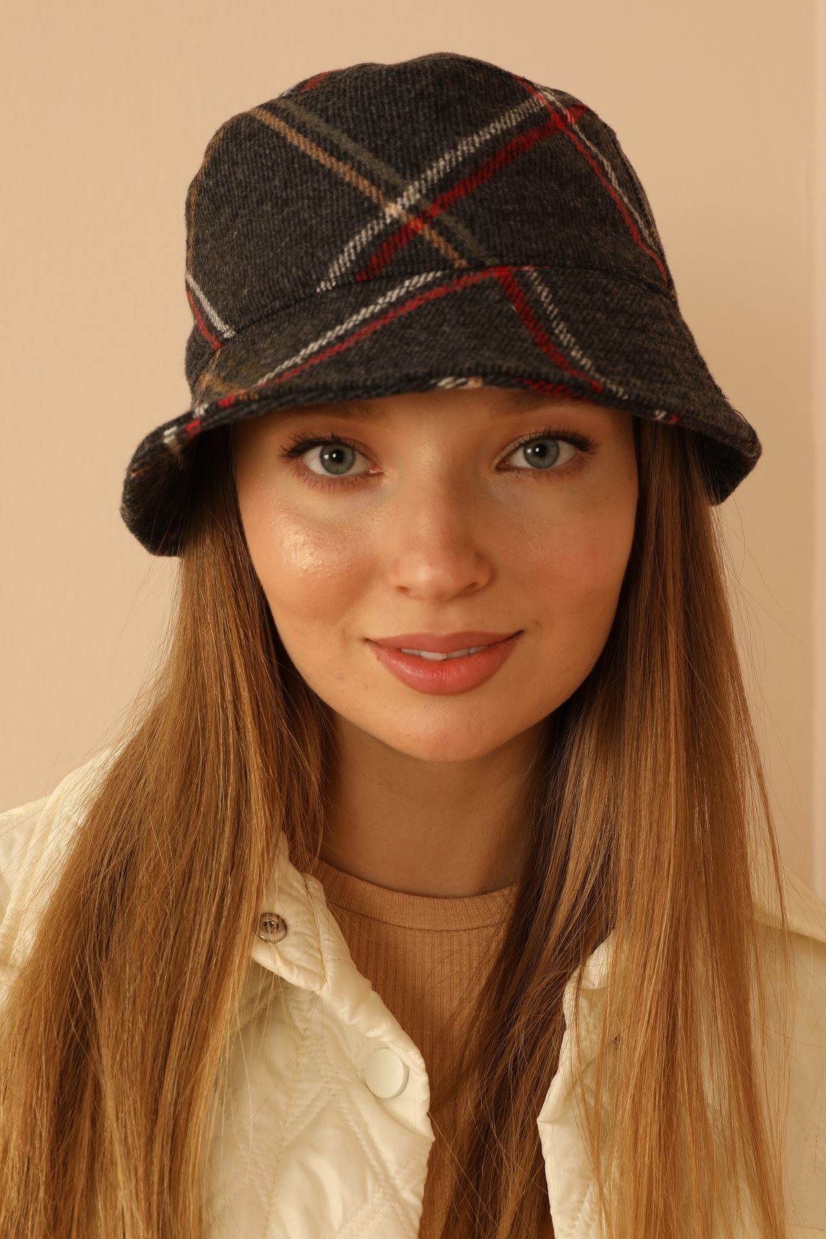 Ekose Desen Kaşe Kadın Bucket Şapka-Antrasit