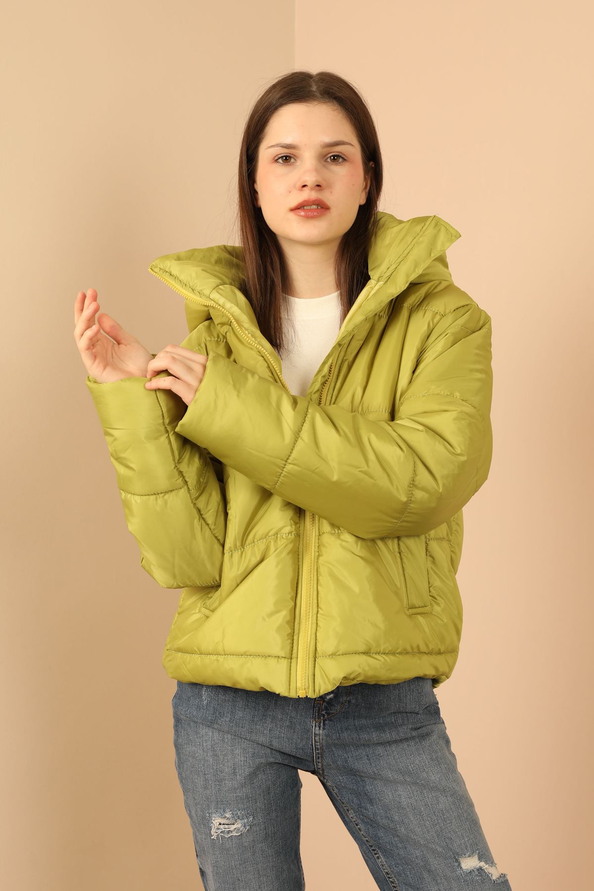 Jesica Fabric Long Sleeve Zip Neck Short Comfy Fit Women Coat-Oil Green