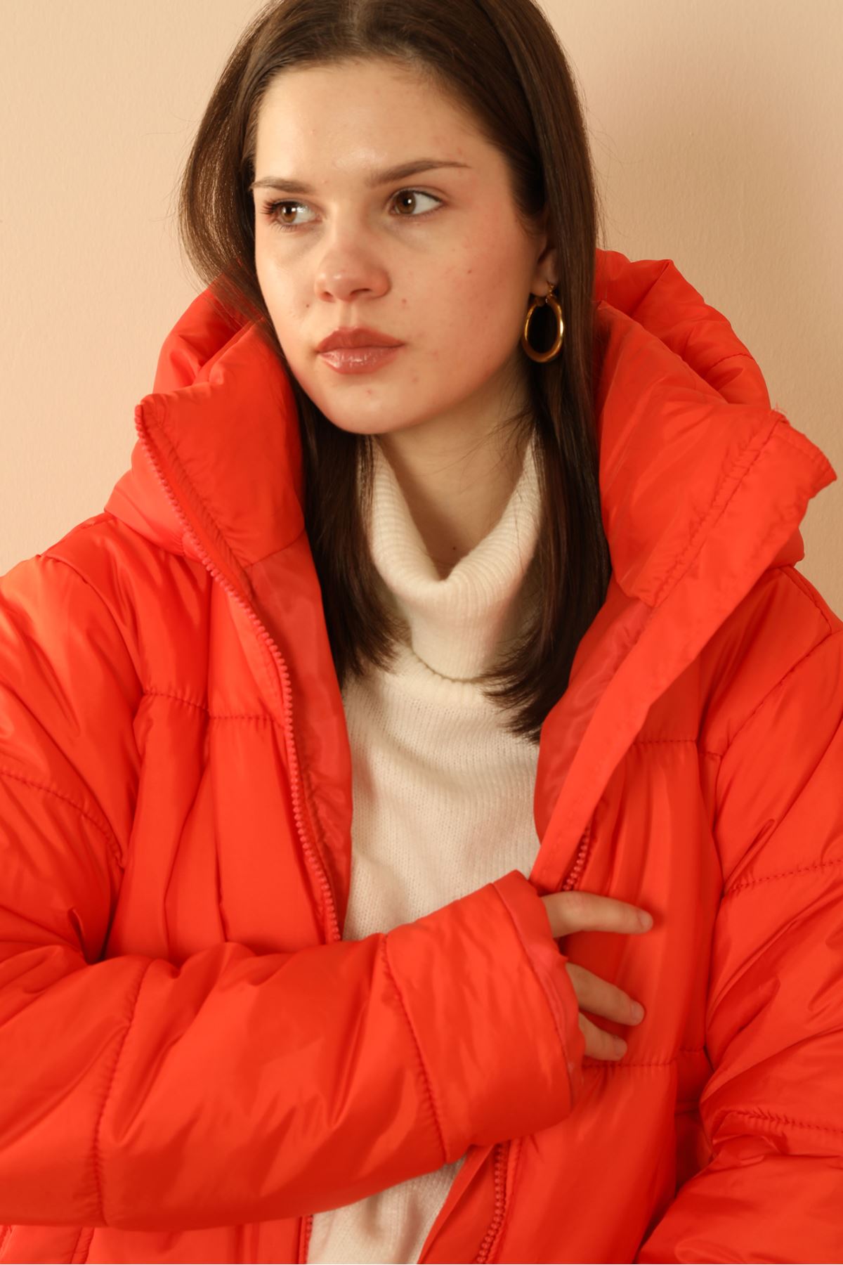 Jesica Fabric Long Sleeve Zip Neck Short Comfy Fit Women Coat-Orange