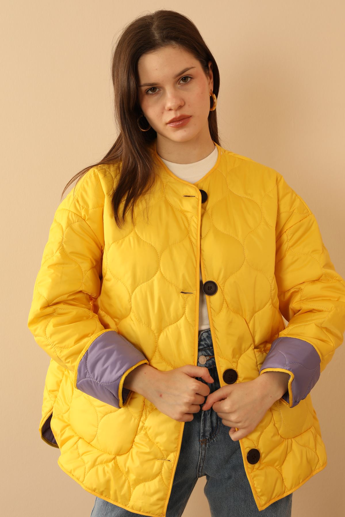 Jesica Fabric Onion Pattern Women Puffer Jacket-Yellow