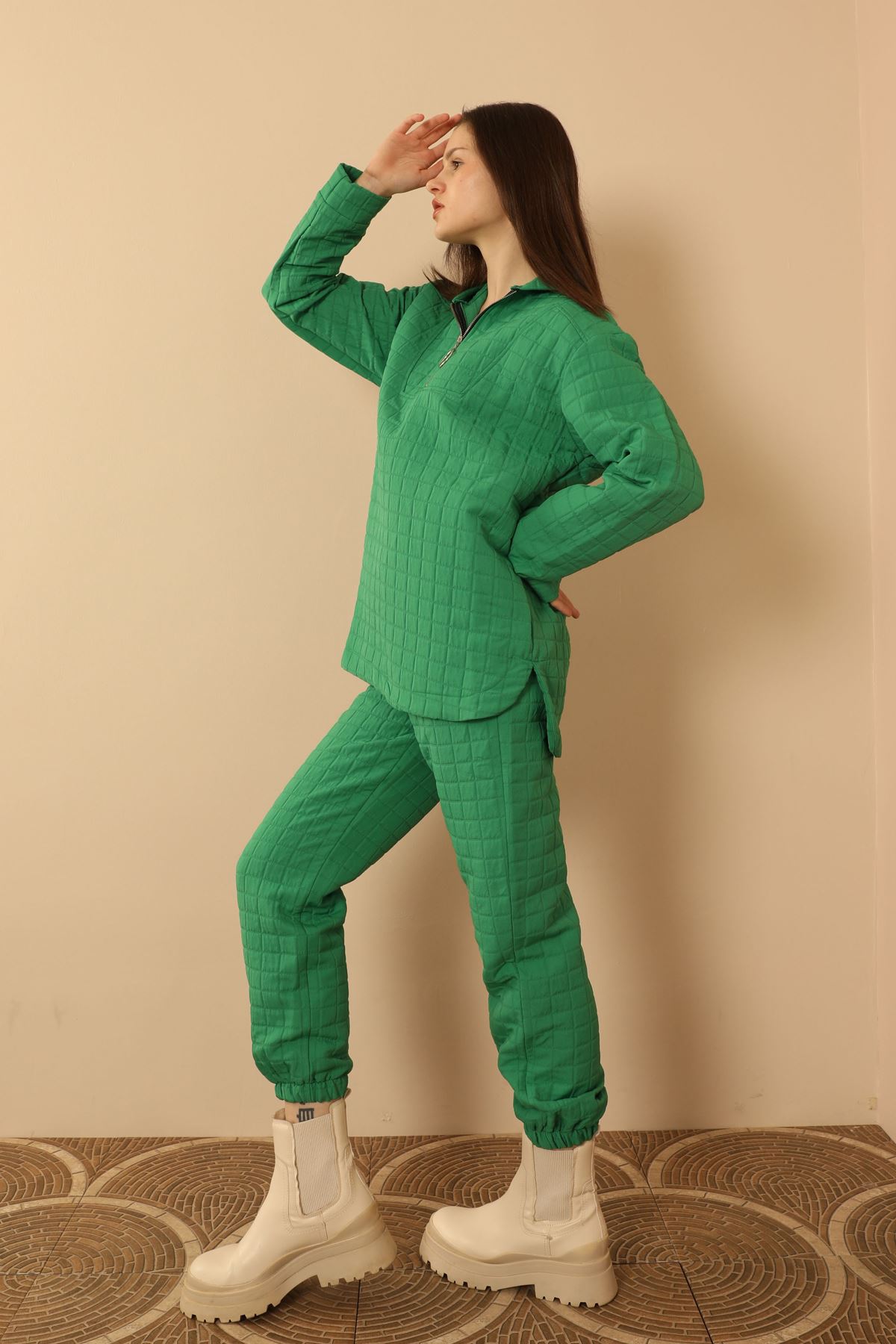 Женский костюм с капюшоном большого квадратного размера из жаккардовой ткани-Зелёный