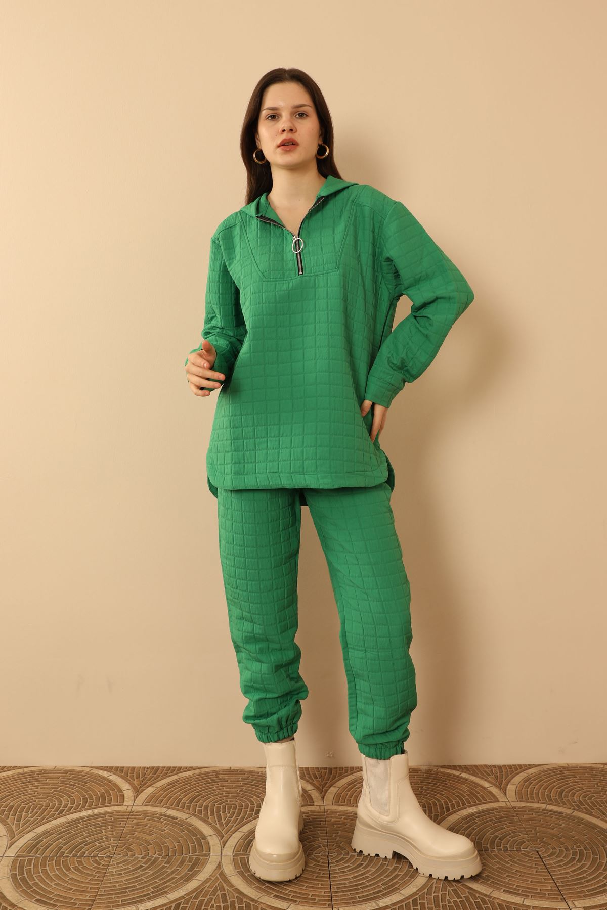 Jakar Fabric Big Square Hooded Women Sets-Green