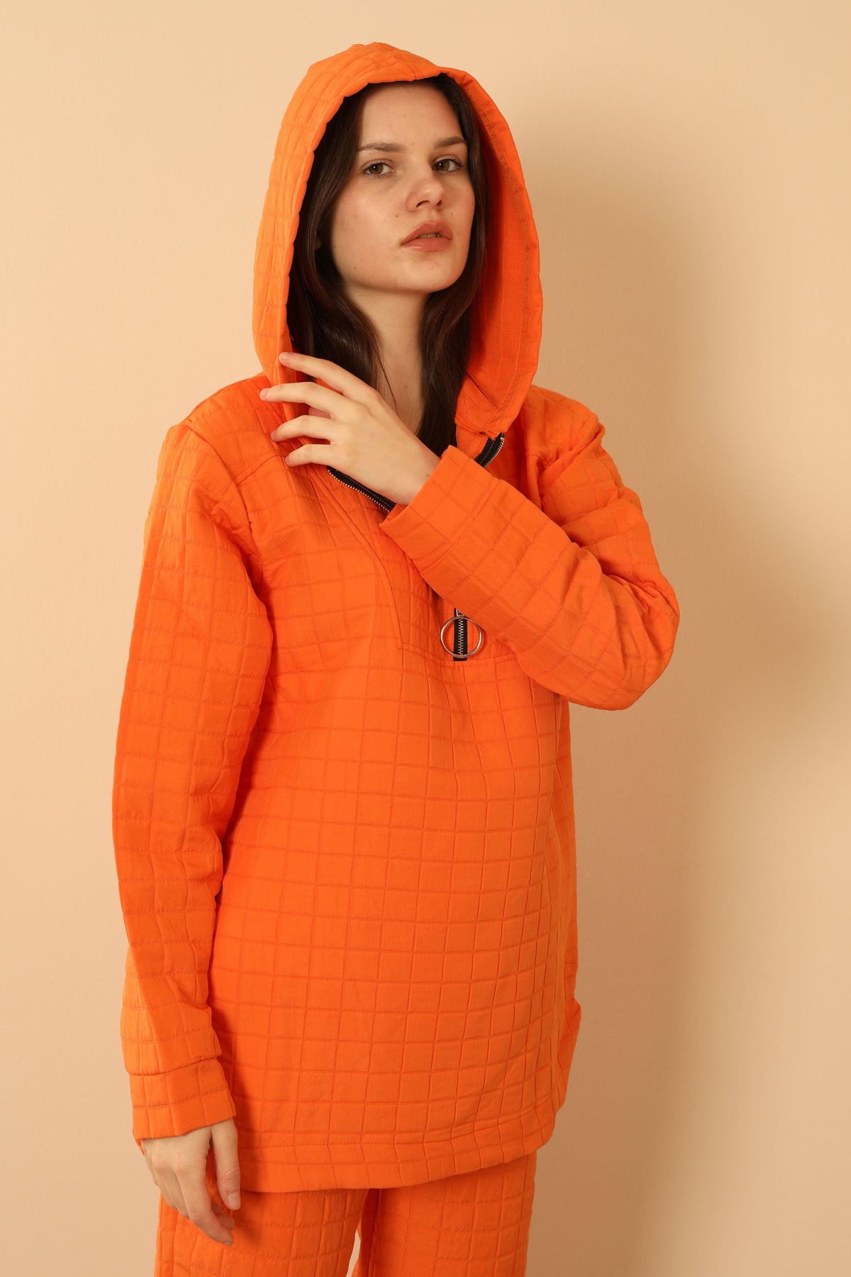 Jakar Fabric Big Square Hooded Women Sets-Orange