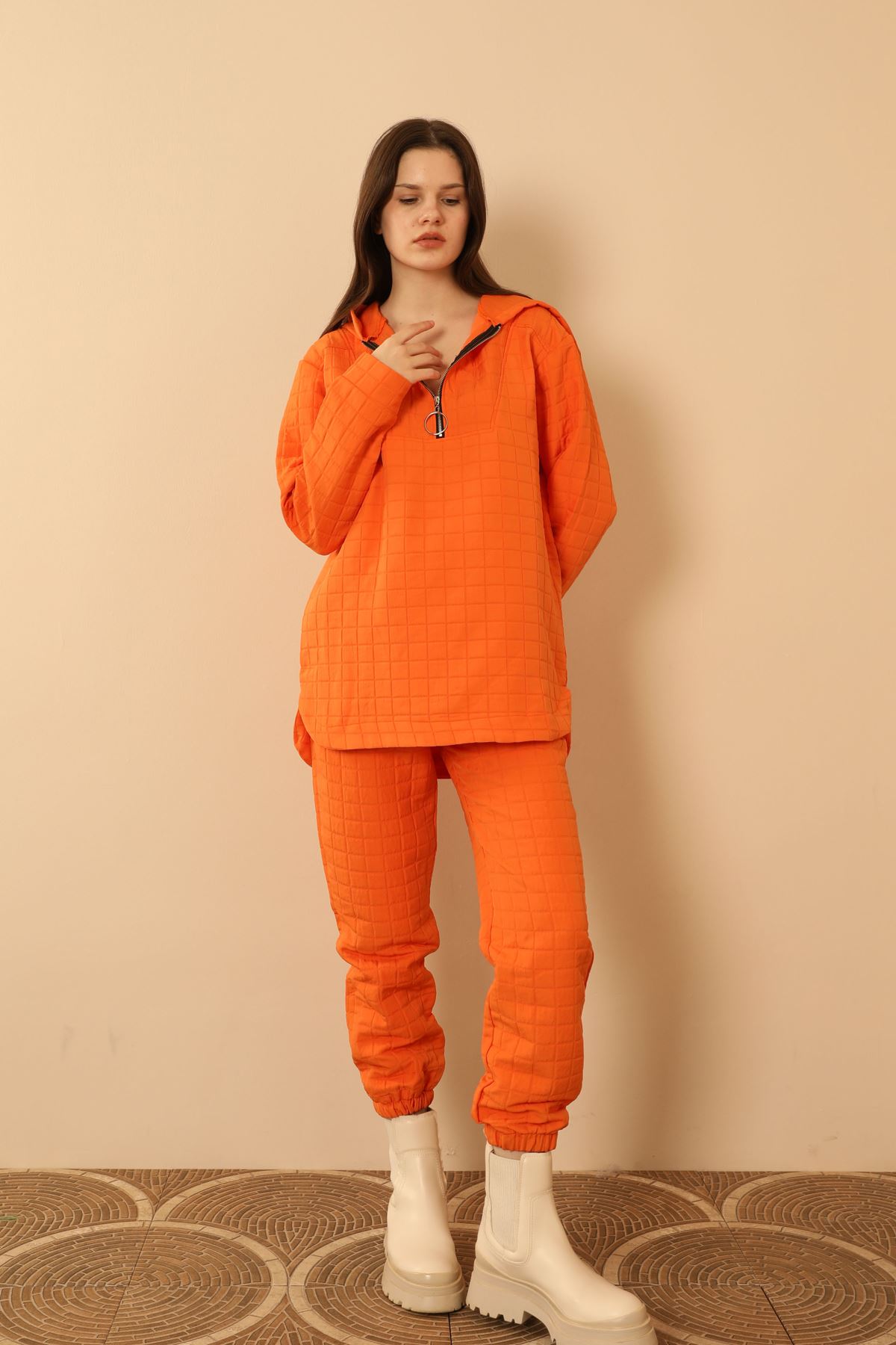 Jakar Fabric Big Square Hooded Women Sets-Orange