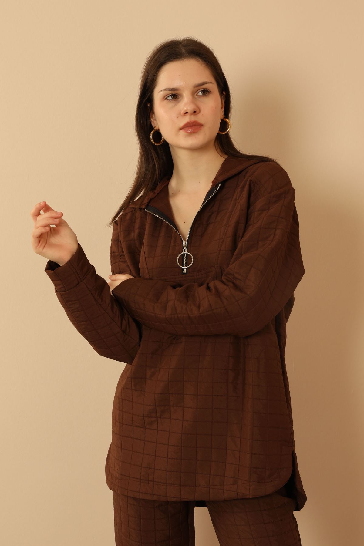 Jakar Fabric Big Square Hooded Women Sets-Brown