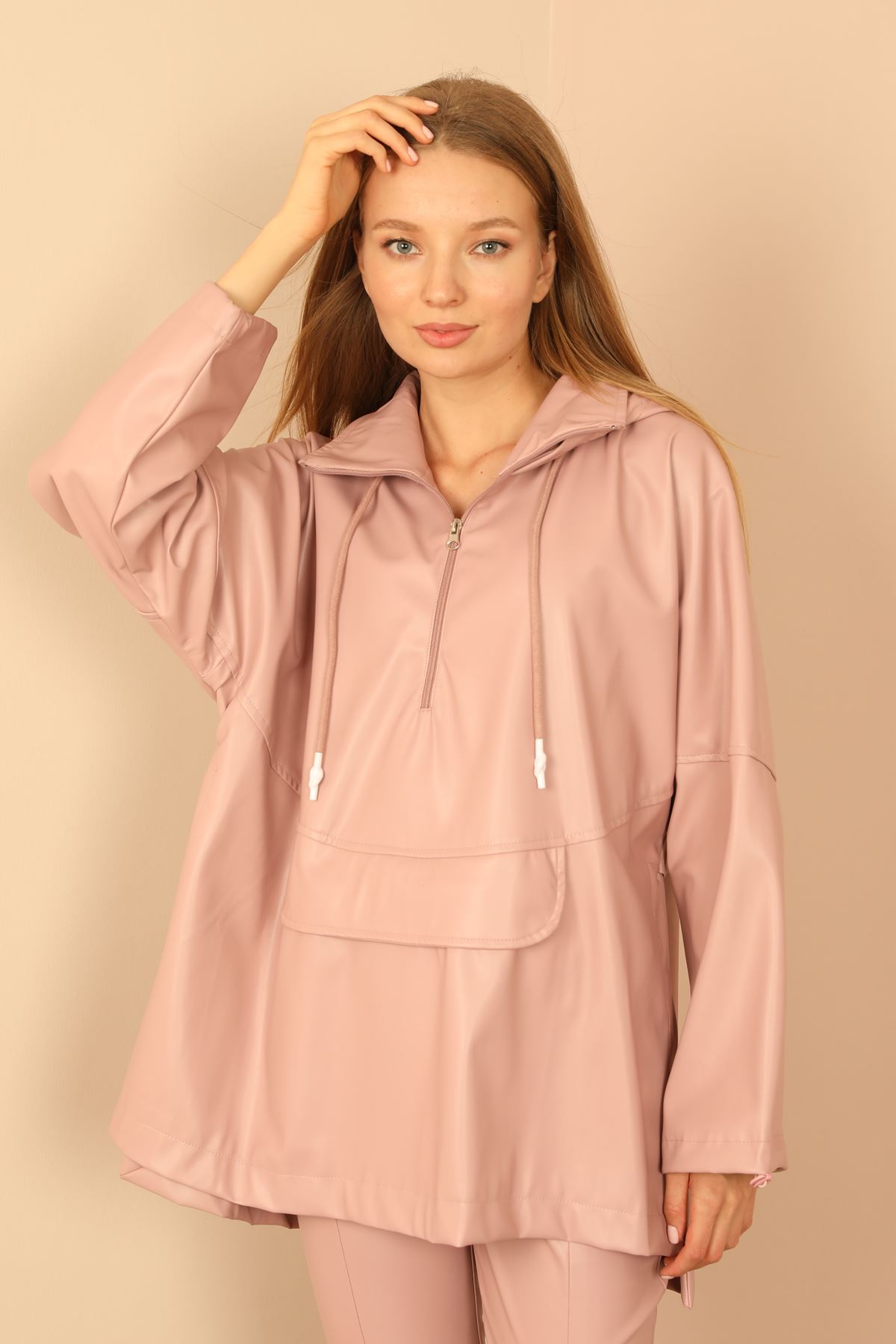 Zara Leather Fabric Long Sleeve Hooded Long Oversize Women Sweatshirt - Light Pink