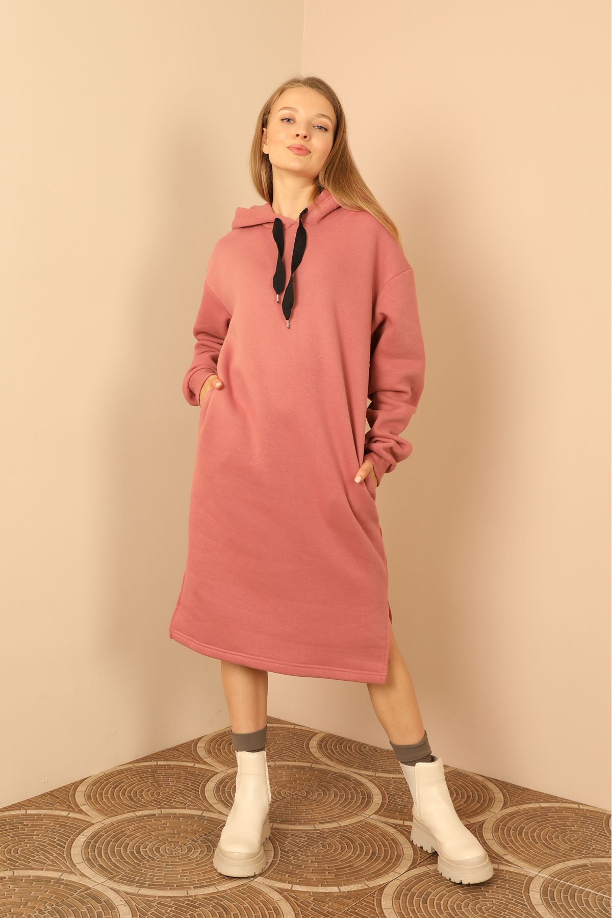 Third Knit With Wool İnside Fabric Long Sleeve Hooded Oversize Women Dress - Rose 