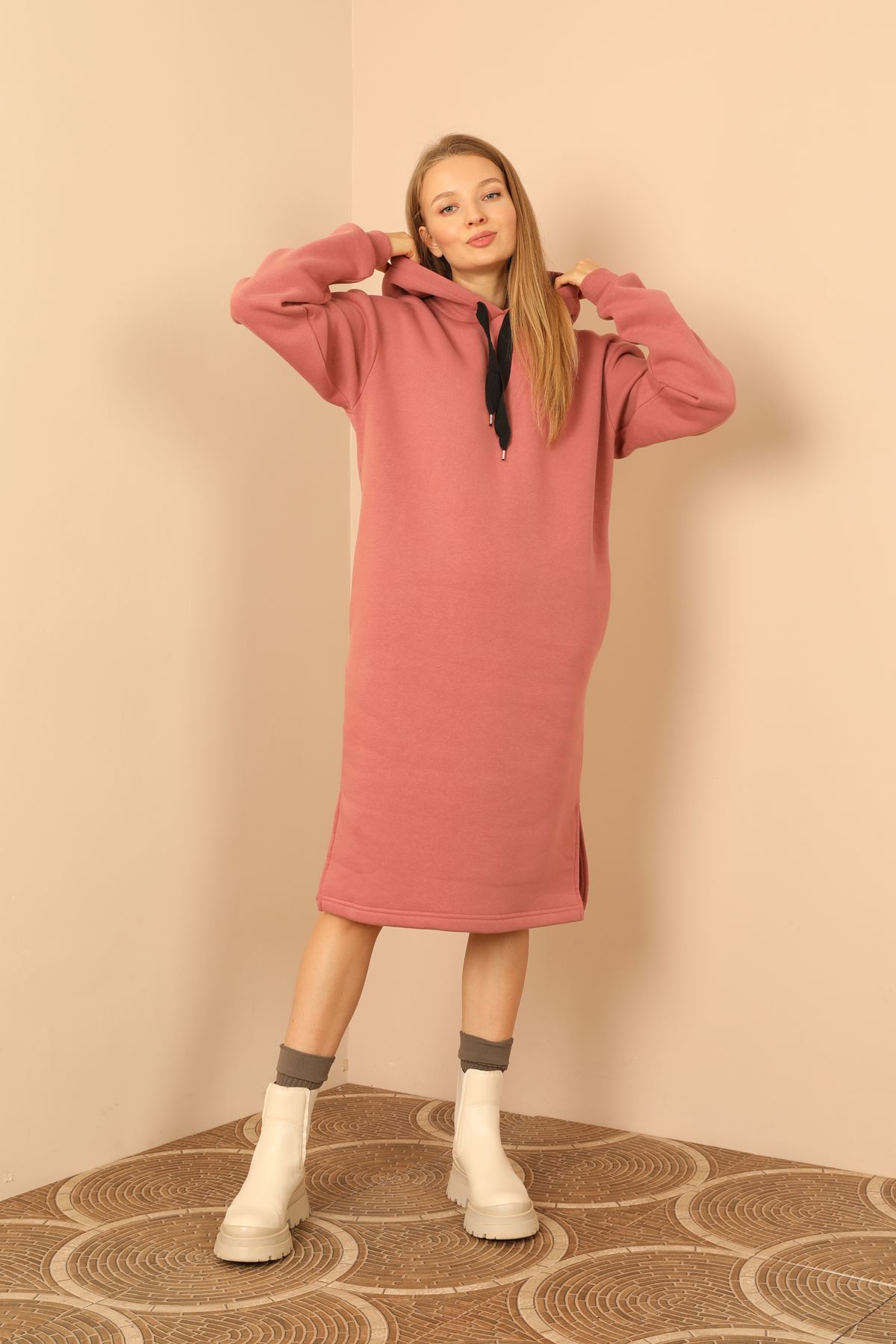 Third Knit With Wool İnside Fabric Long Sleeve Hooded Oversize Women Dress - Rose 