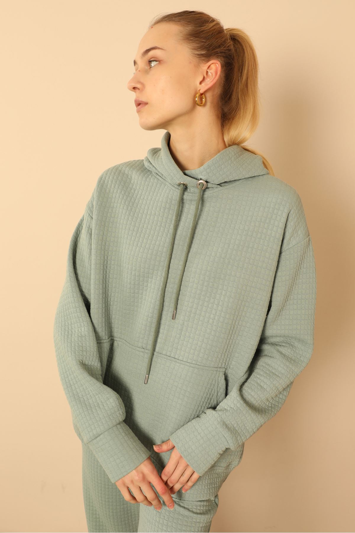 Honeycomb Fabric Long Sleeve Hooded Hip Height Oversize Women Sweatshirt - Mint