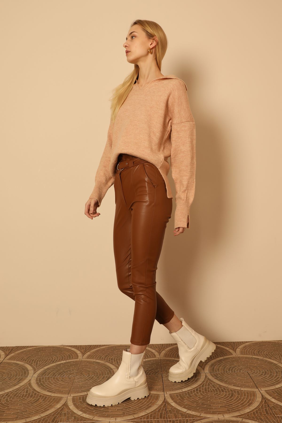 Leather Fabric Long Tigth Fit High Waist Belt Women'S Trouser - Light Brown