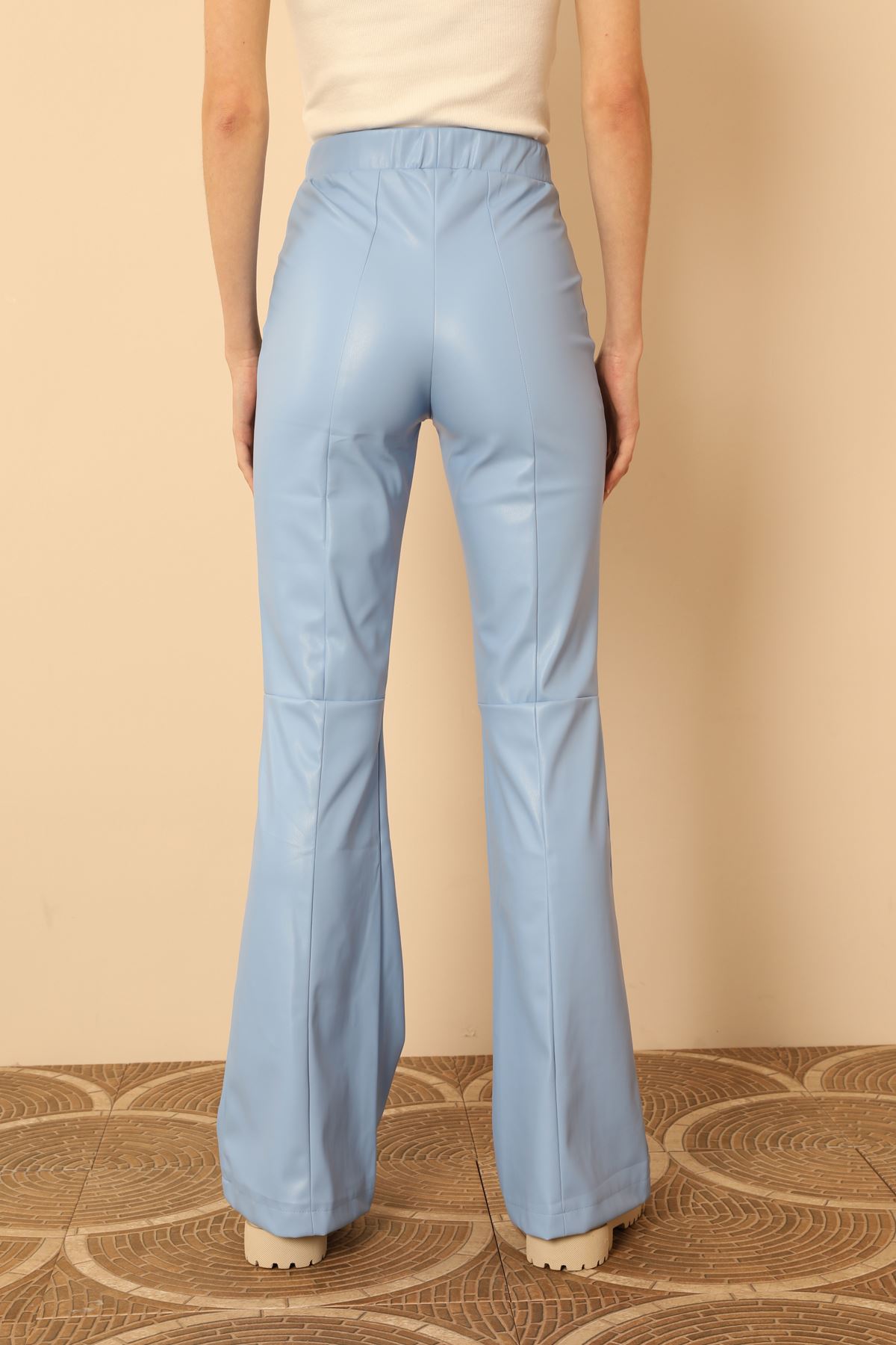 эко кожа ткань длинный клешывыйе женские брюки - Синий