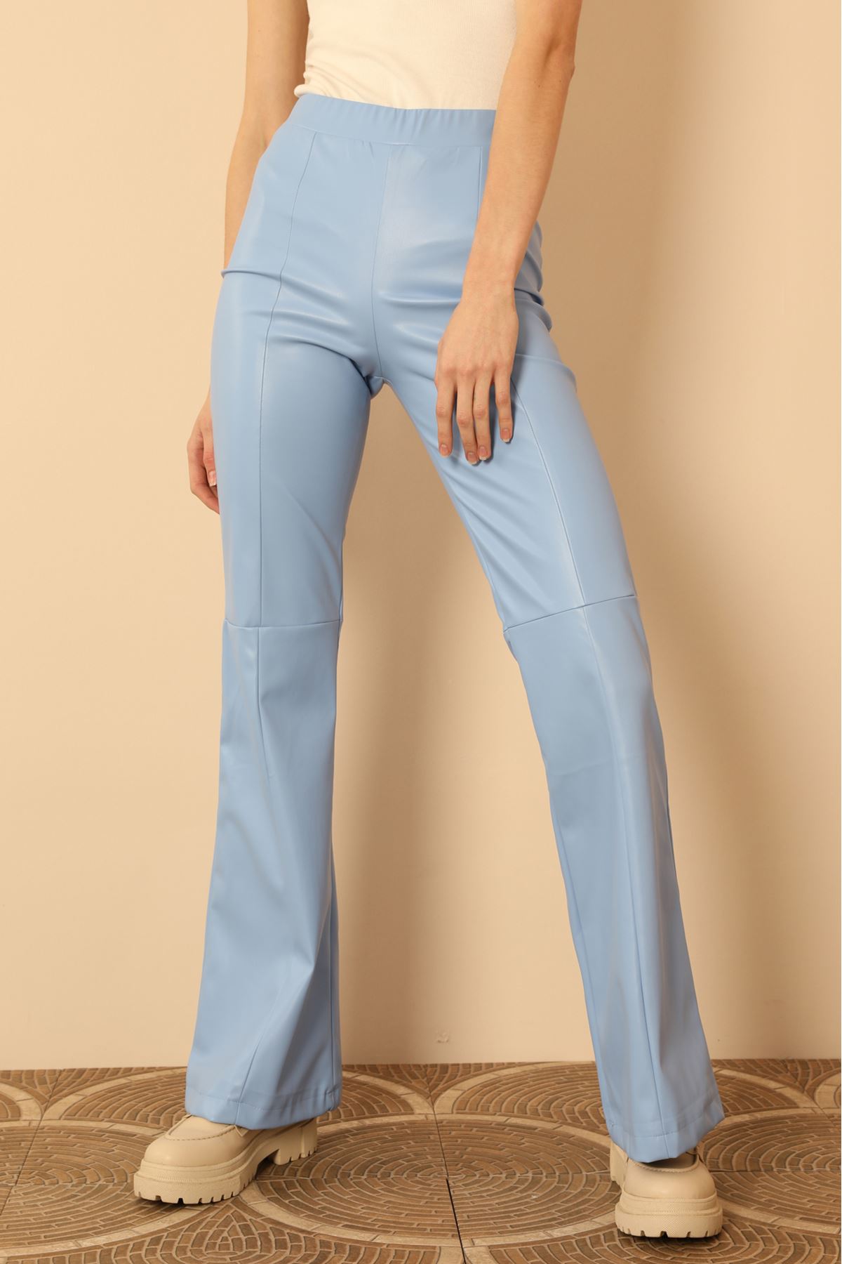 эко кожа ткань длинный клешывыйе женские брюки - Синий