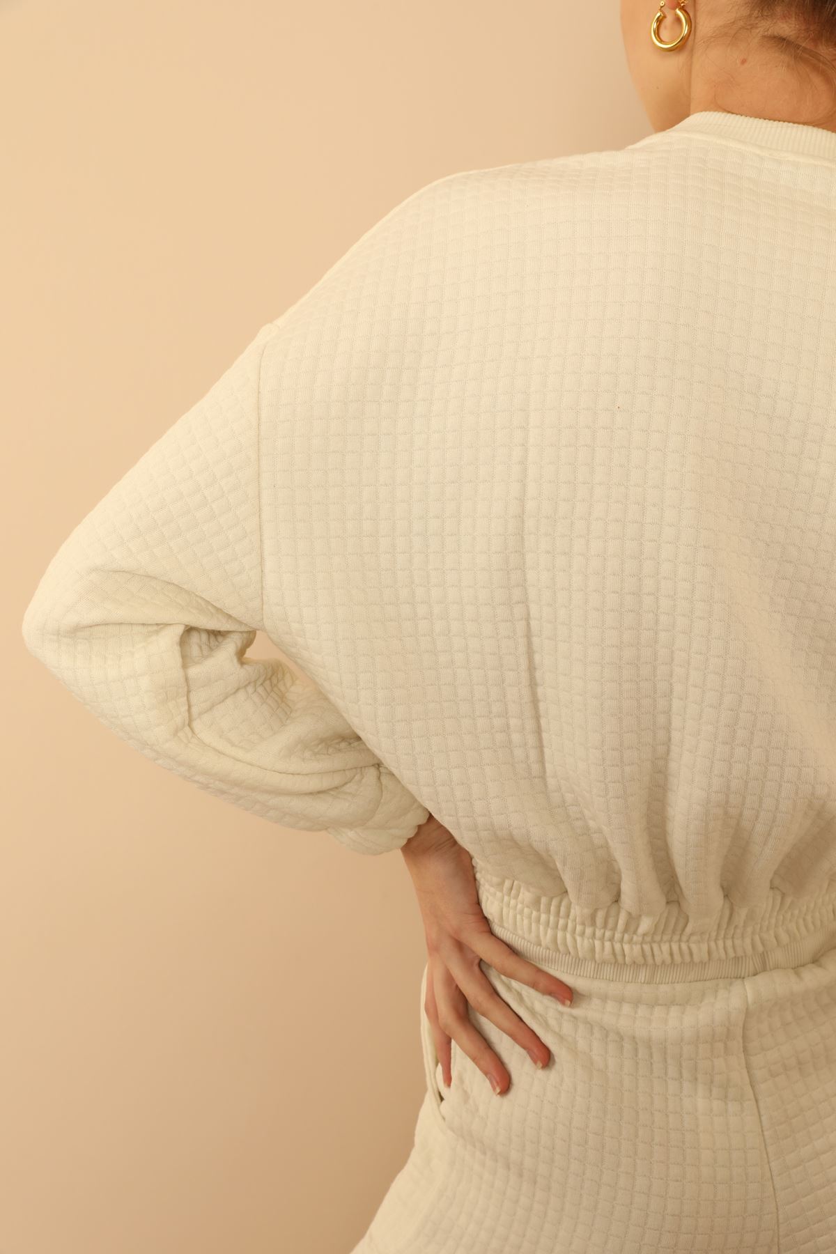 Quilted Fabric Bicycle Collar Oversize Double Pocket Women Sweatshirt - Ecru
