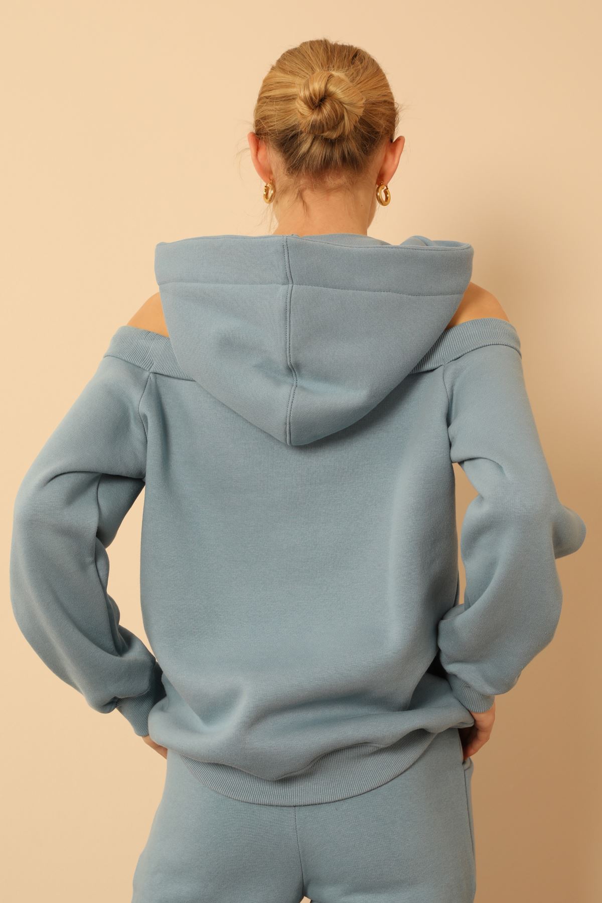 Şardonlu 3 İplik Kumaş Basen Boy Omuz Detaylı Kadın Sweatshirt-Bebemavi