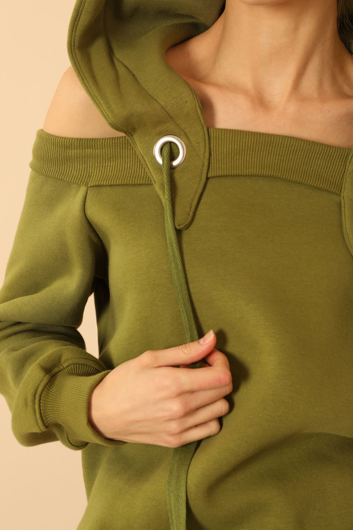 Third Knit With Wool İnside Fabric Hooded Hip Height Shoulder Detailed Women Sweatshirt - Khaki 