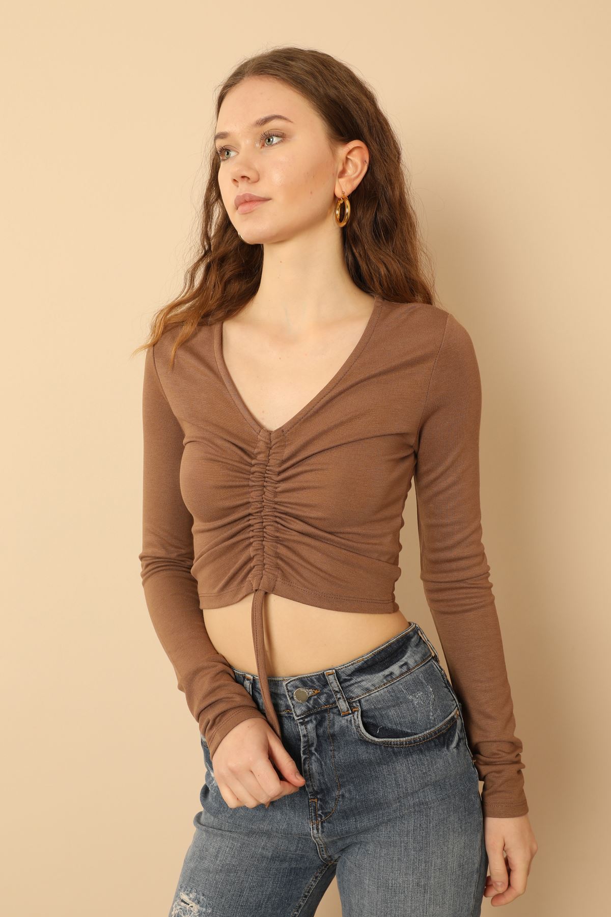 Knit Fabric Long Sleeve V Neck Shirred Front Blouse - Brown
