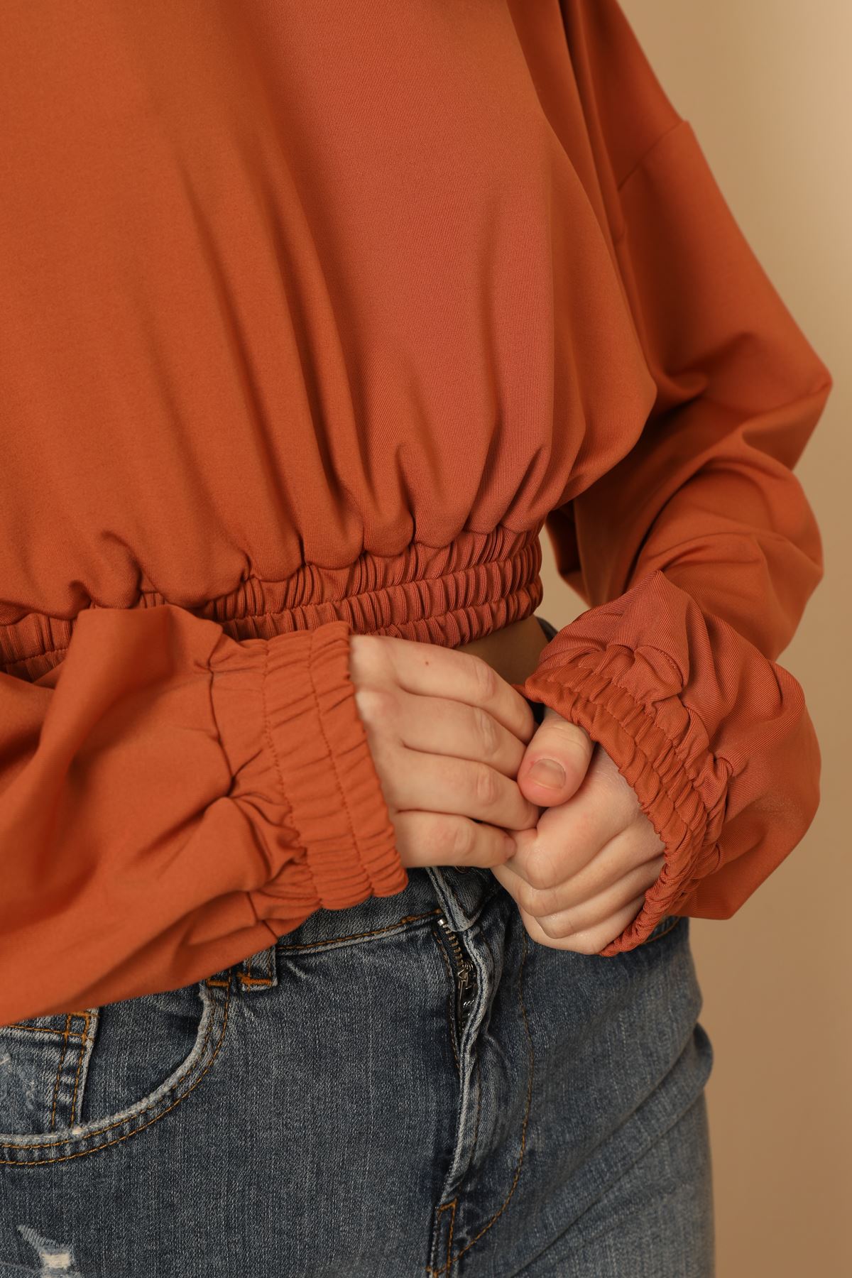 Акваланг ткань с круглым вырезом оверсайз женская блузка - Оранжевый