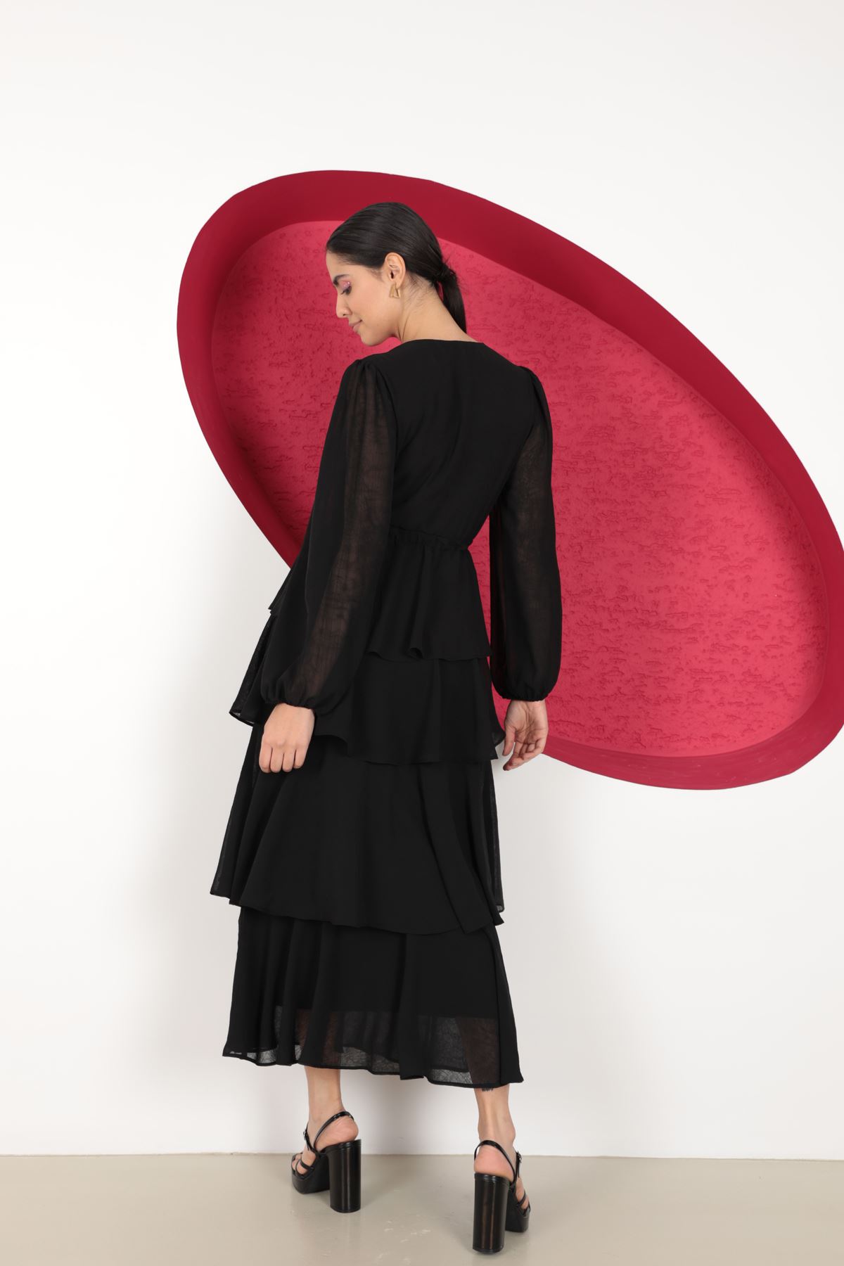Aerobin Şifon Kumaş KatKat Kadın Elbise-Siyah