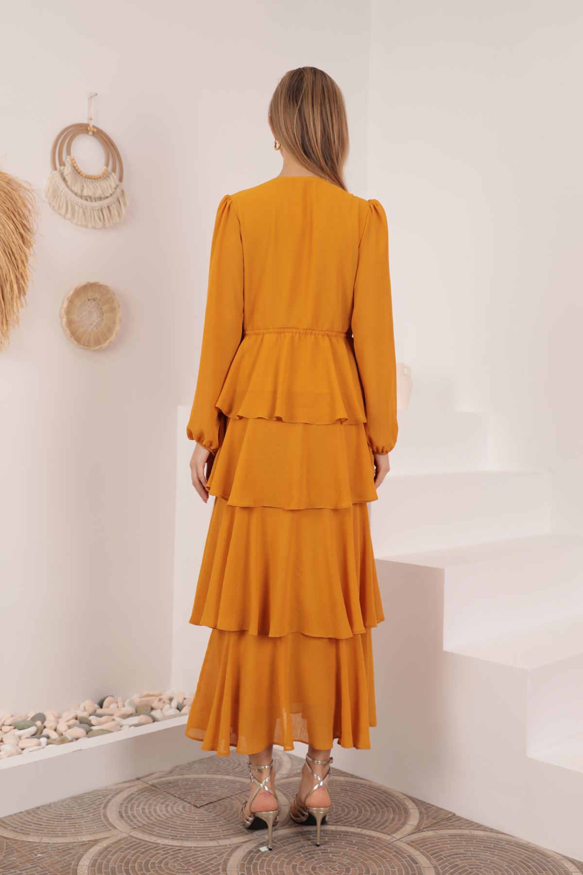 Aerobin Chiffon Fabric Layered Women's Dress-Mustard