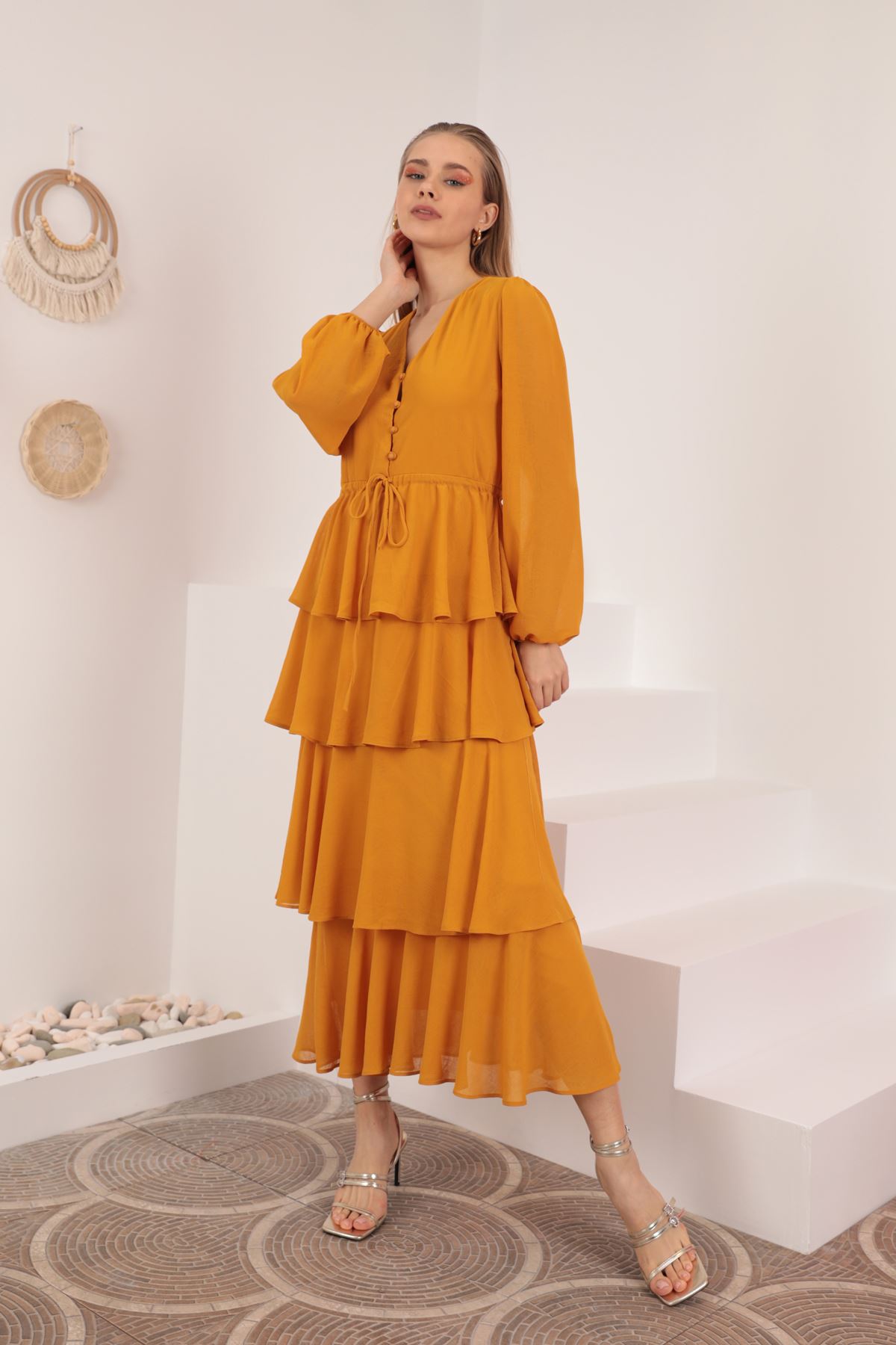 Aerobin Chiffon Fabric Layered Women's Dress-Mustard