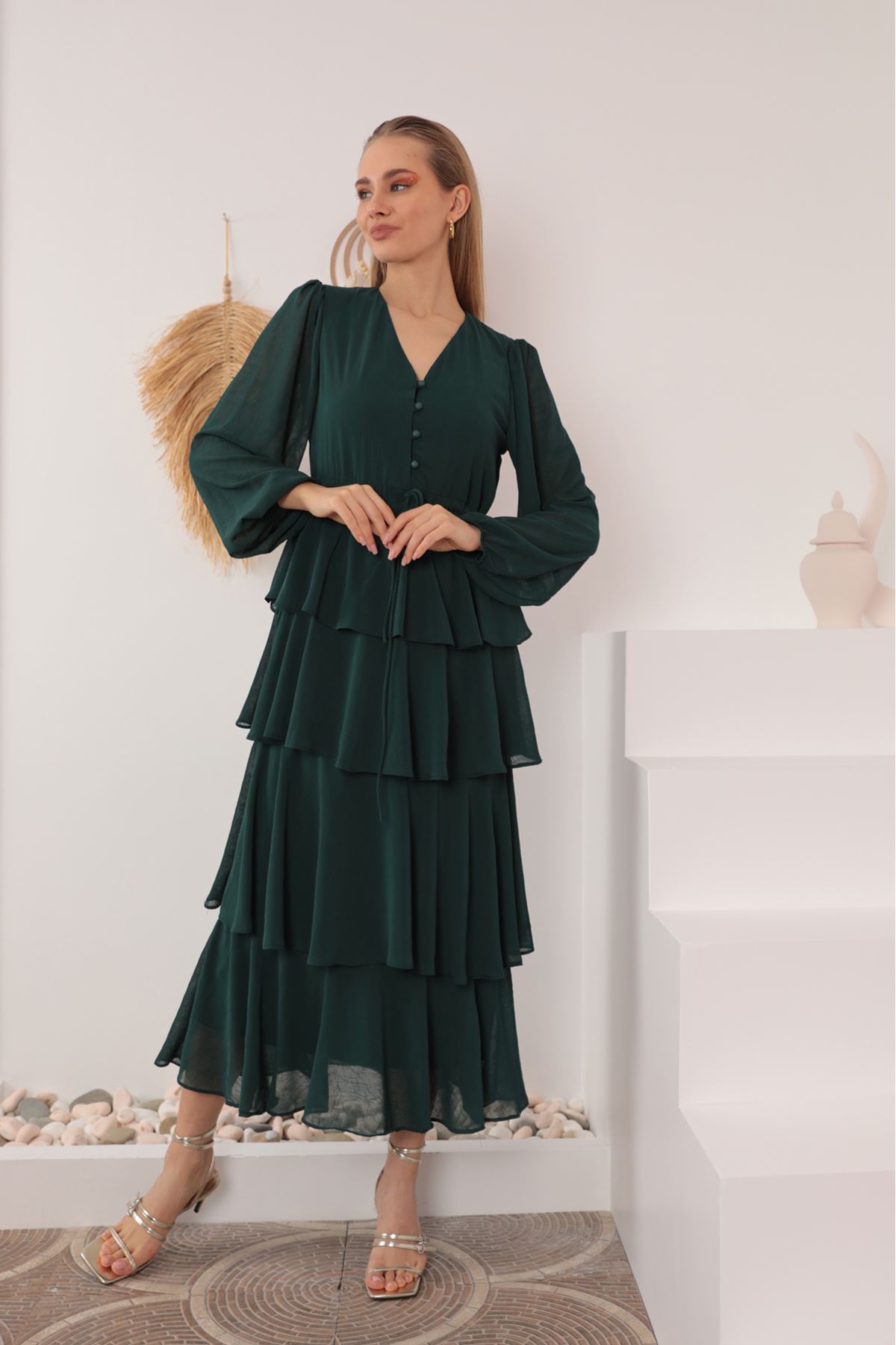 Aerobin Chiffon Fabric Layered Women's Dress-Green
