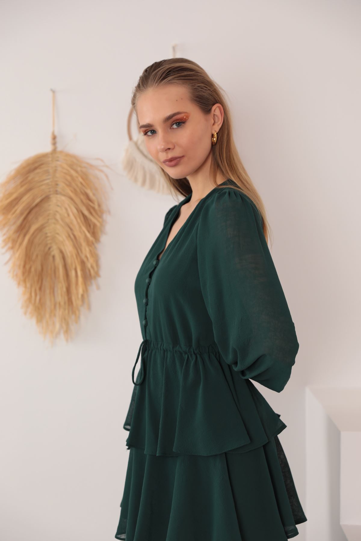 Aerobin Chiffon Fabric Layered Women's Dress-Green