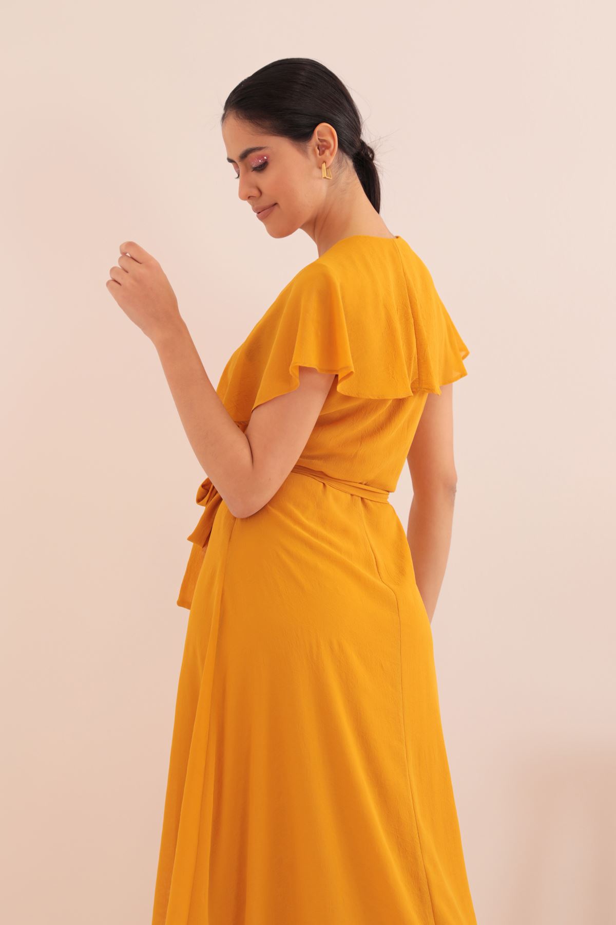 فستان نسائي ذو حساسية ناعمة من قماش شيفون ايروبين-خردلي
