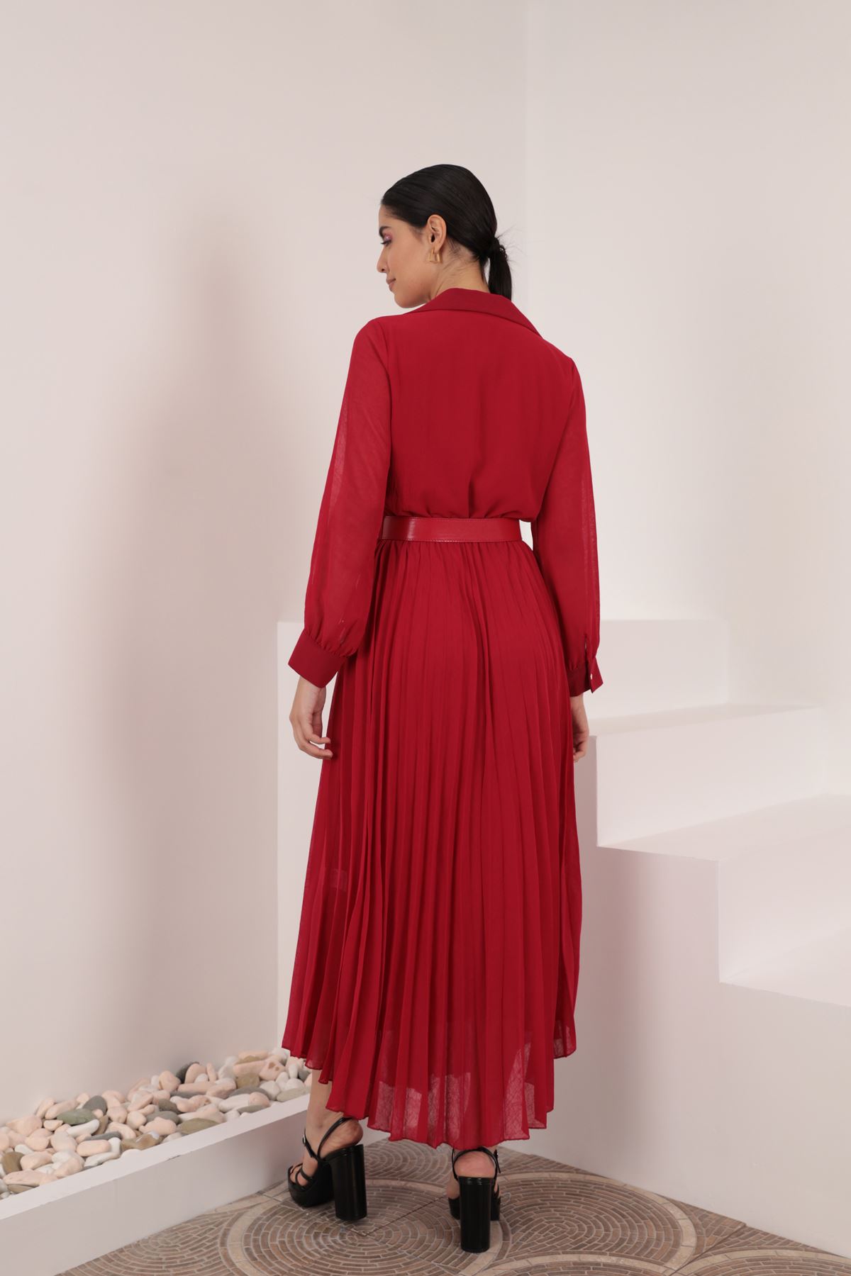 Aerobin Şifon Piliseli Kemer Detay Kadın Elbise-Kırmızı