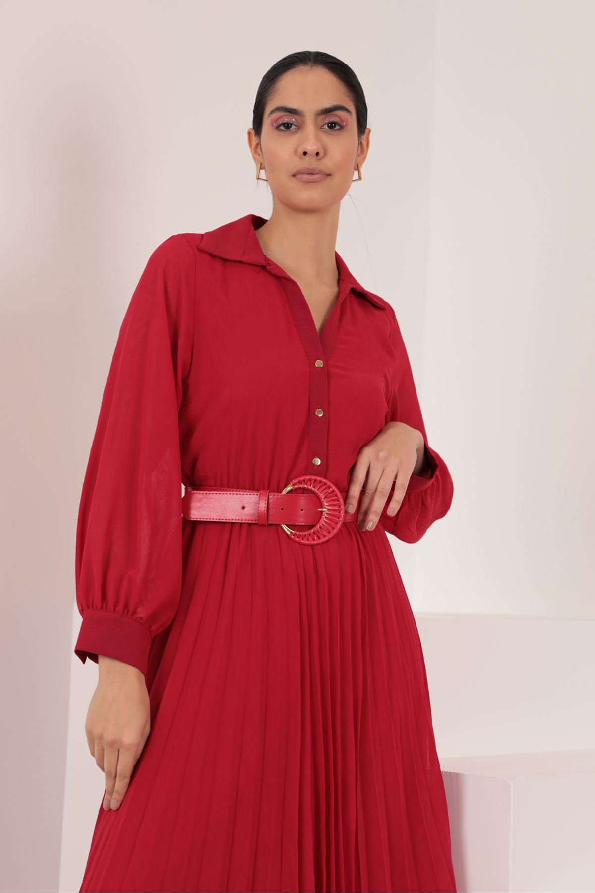 Aerobin Şifon Piliseli Kemer Detay Kadın Elbise-Kırmızı
