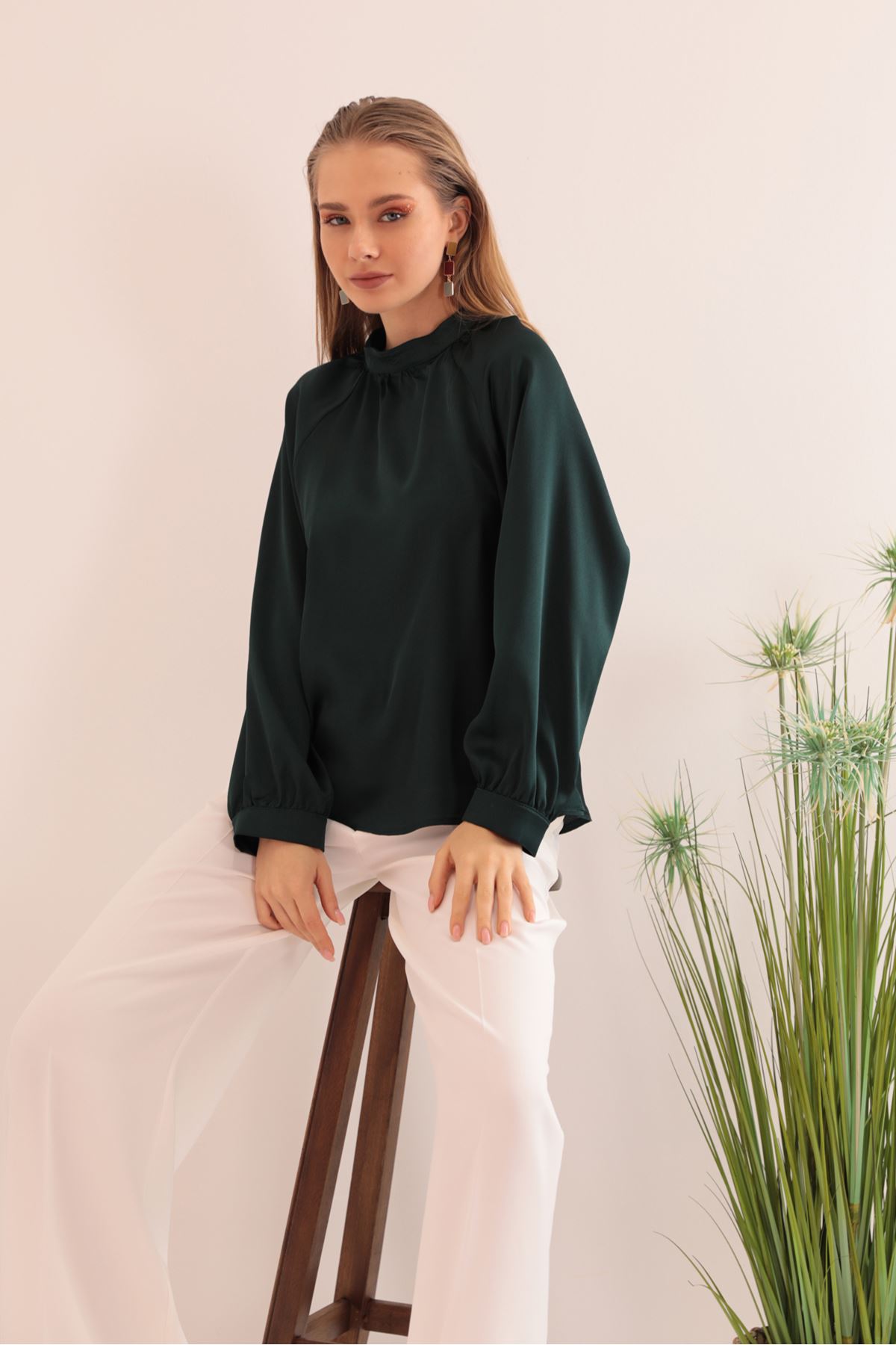 Kobe Satin Fabric Back Detail Women Blouse-Emerald Green