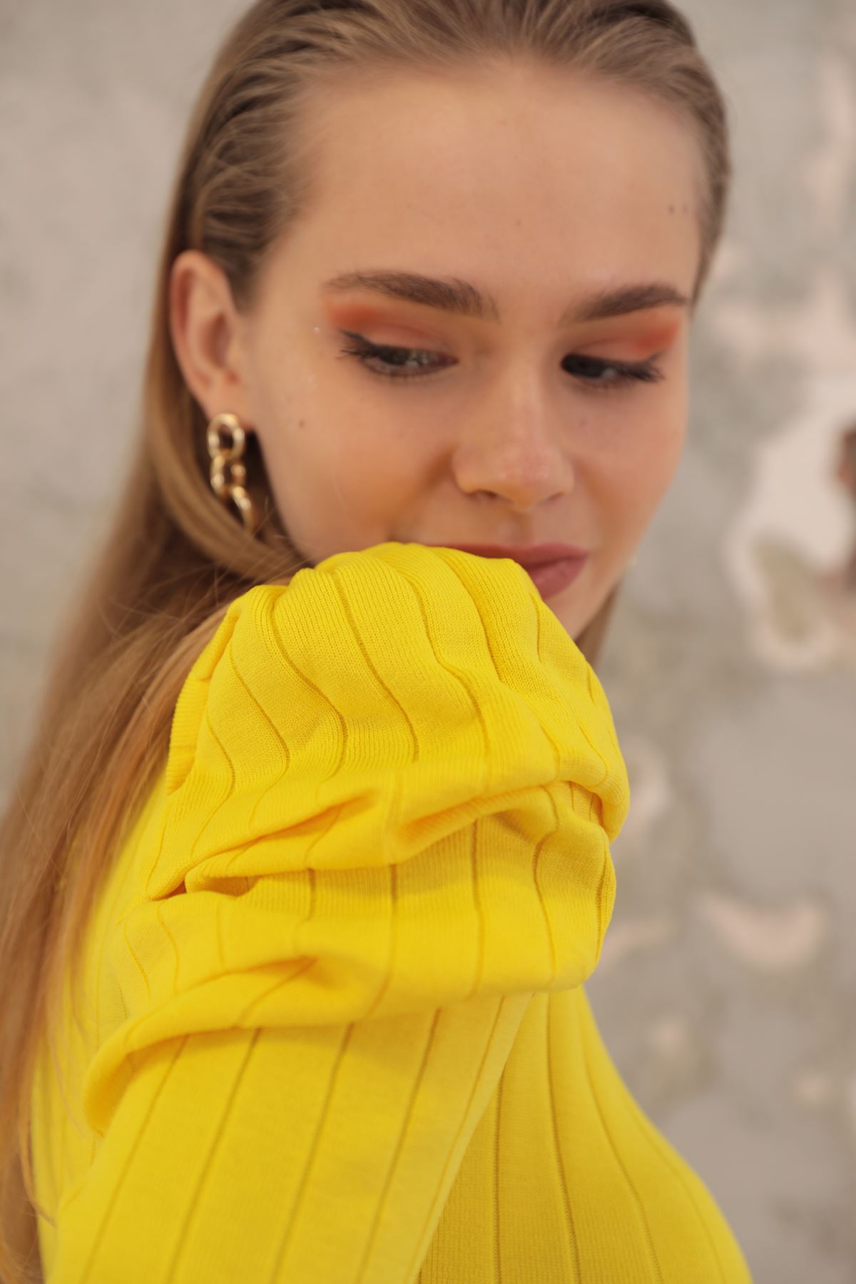 Triko Kumaş Karpuz Kol Kadın Elbise-Sarı