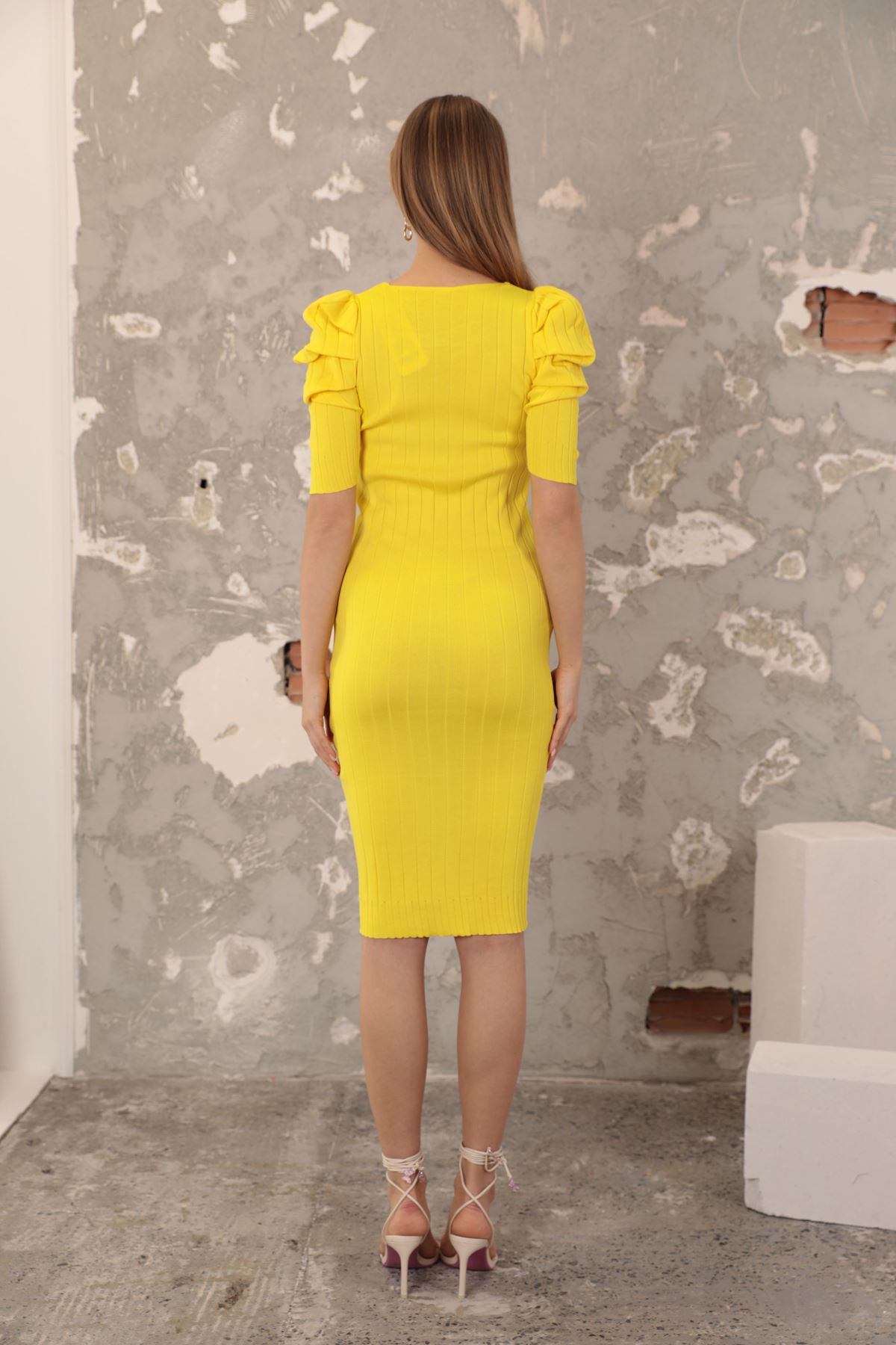 Triko Kumaş Karpuz Kol Kadın Elbise-Sarı