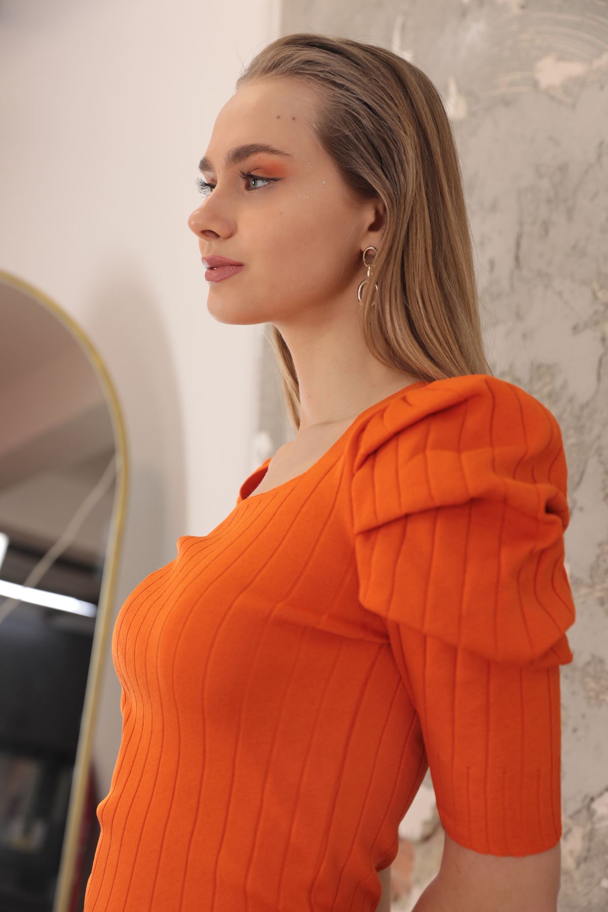 Triko Kumaş Karpuz Kol Kadın Elbise-Oranj