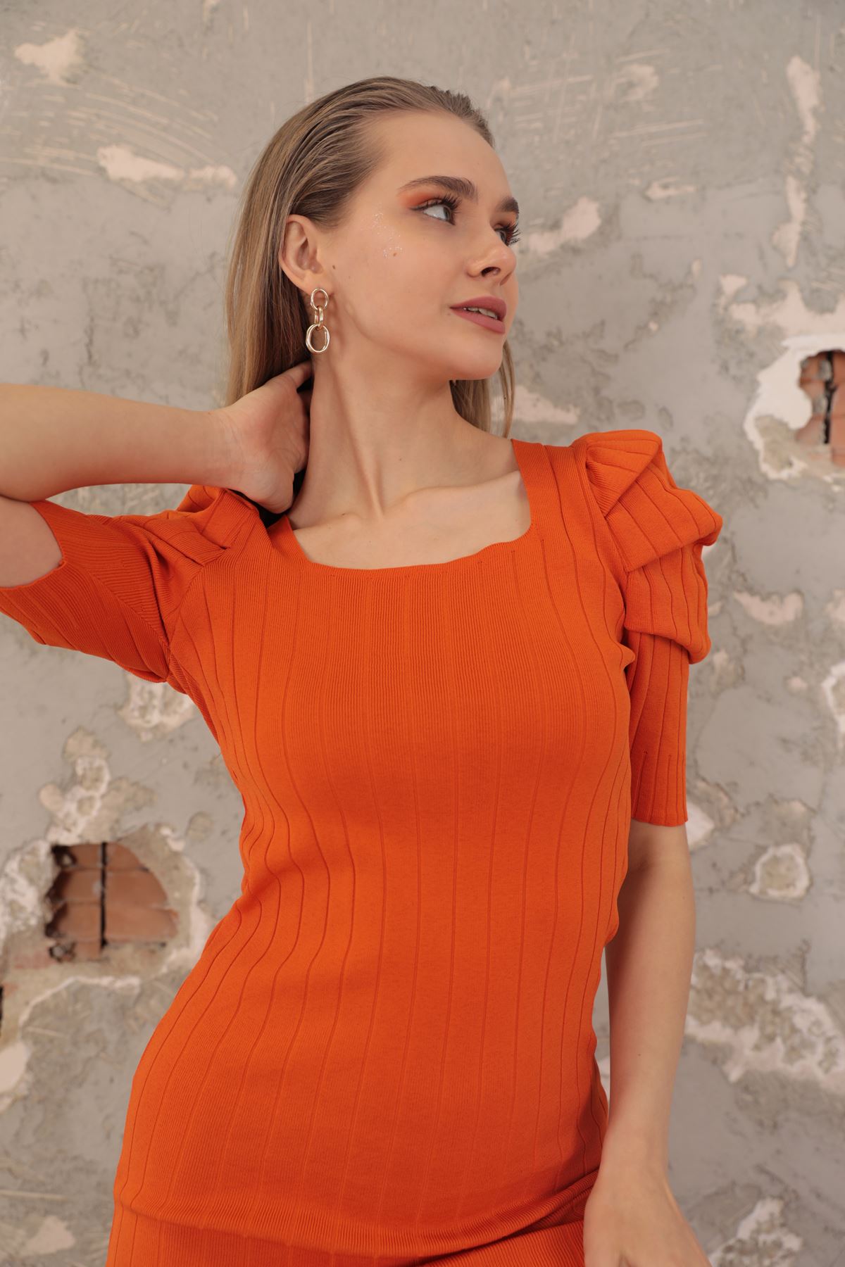 Triko Kumaş Karpuz Kol Kadın Elbise-Oranj