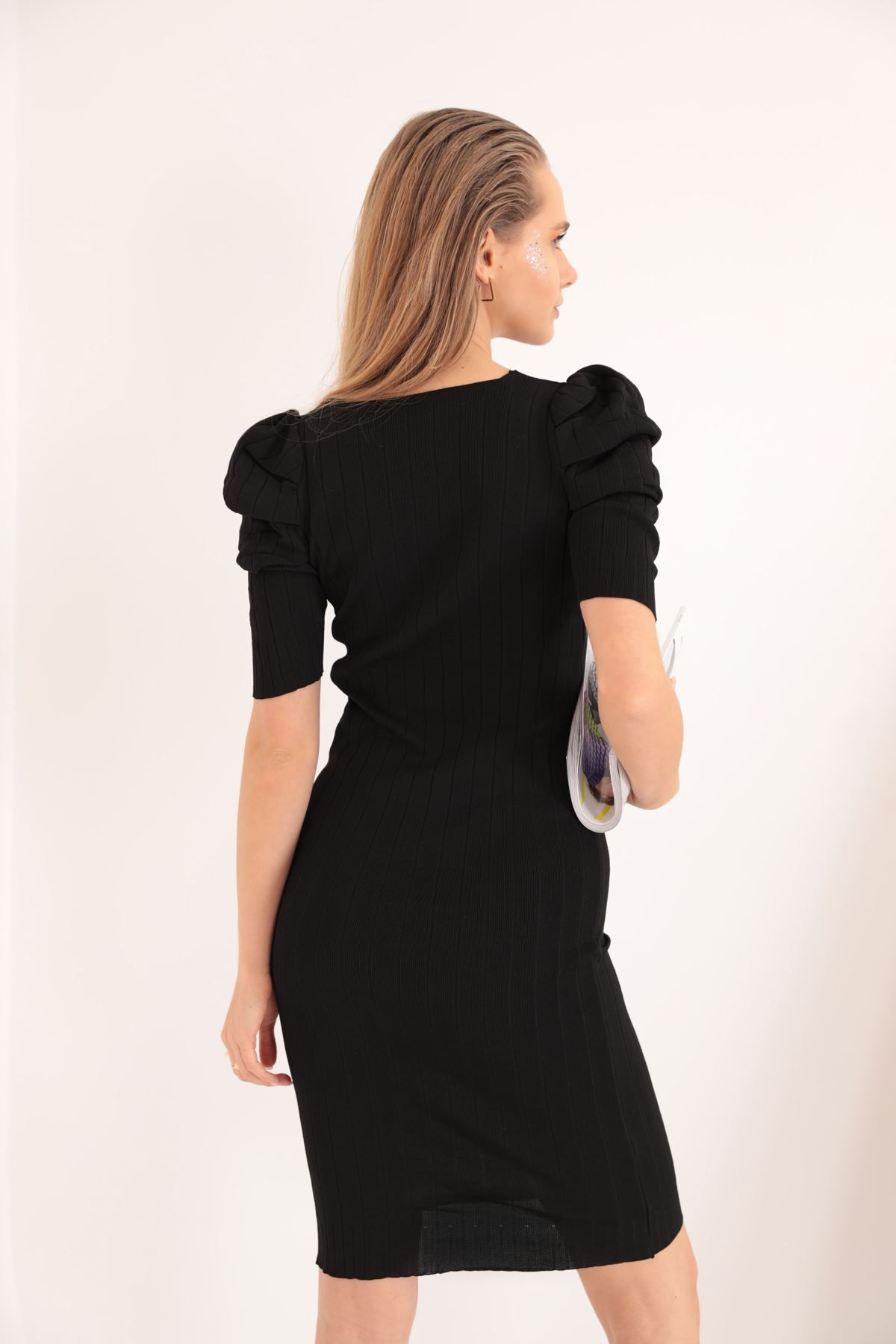 Triko Kumaş Karpuz Kol Kadın Elbise-Siyah