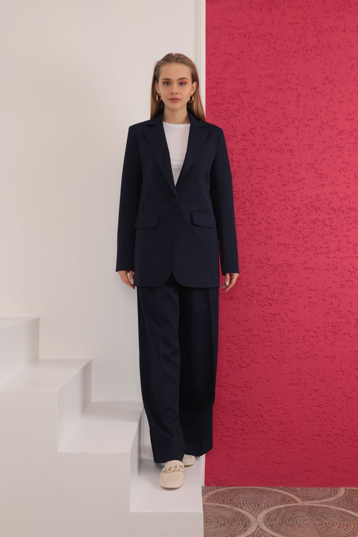 Atlas Fabric Oversize Women's Jacket Navy - Kaktüs Moda
