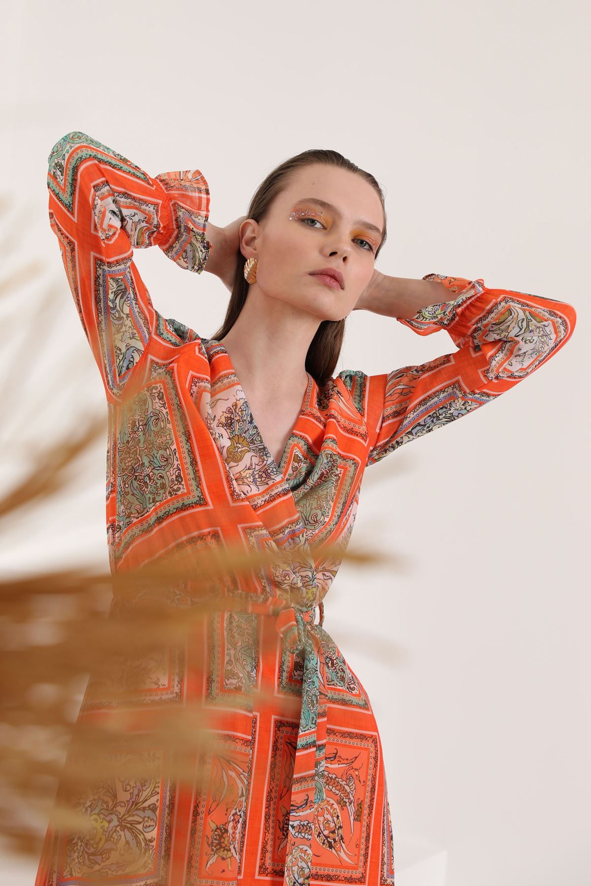Chiffon Fabric Pach Pattern Wrapped Women's Dress-Orange