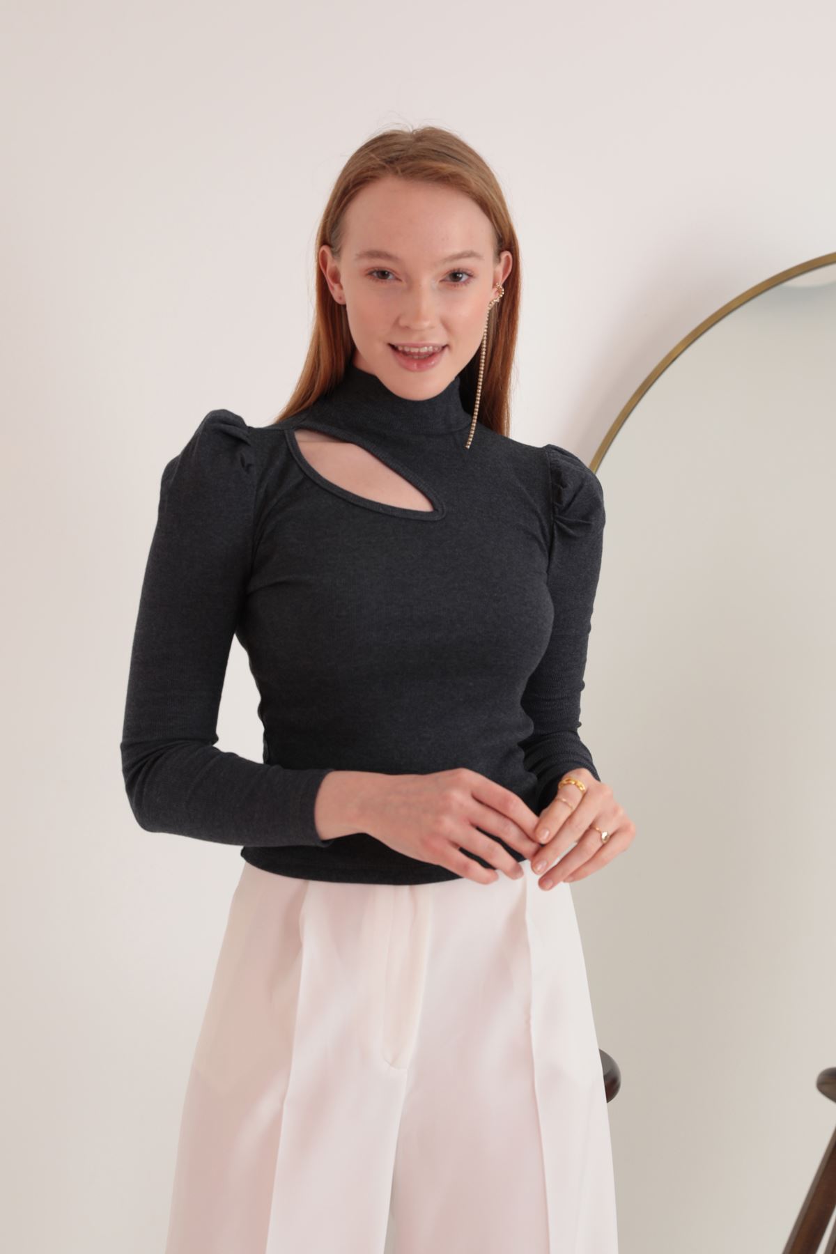 Женская блузка из ткани Camisole с окошком на рукаве арбуза-Темно серый