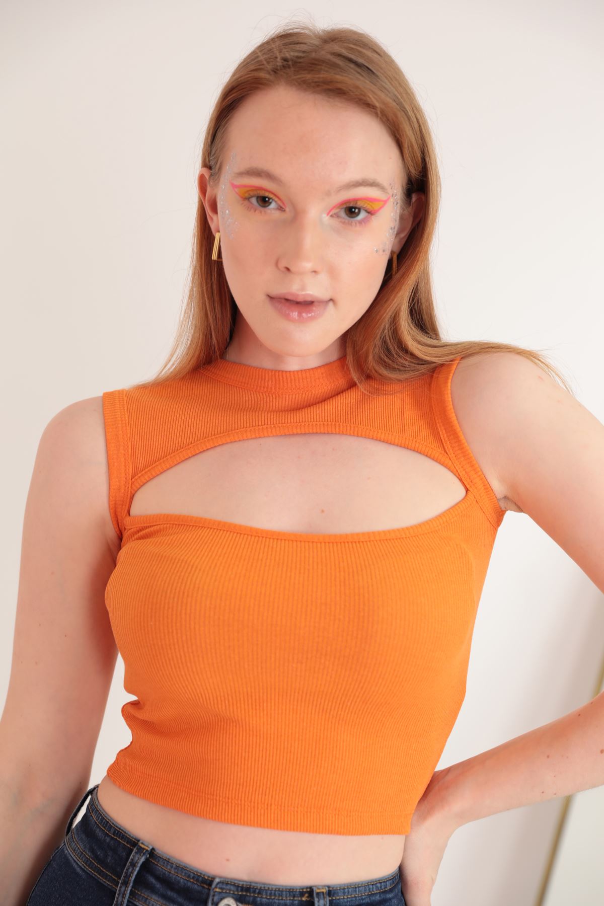 Camisole Ткань с круглым вырезом и открытой передней женской блузкой-Оранжевый