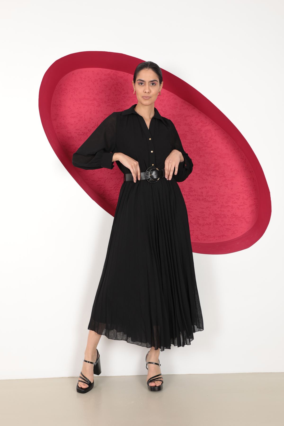 Aerobin Chiffon Pleated Belt Detail Women's Dress-Black