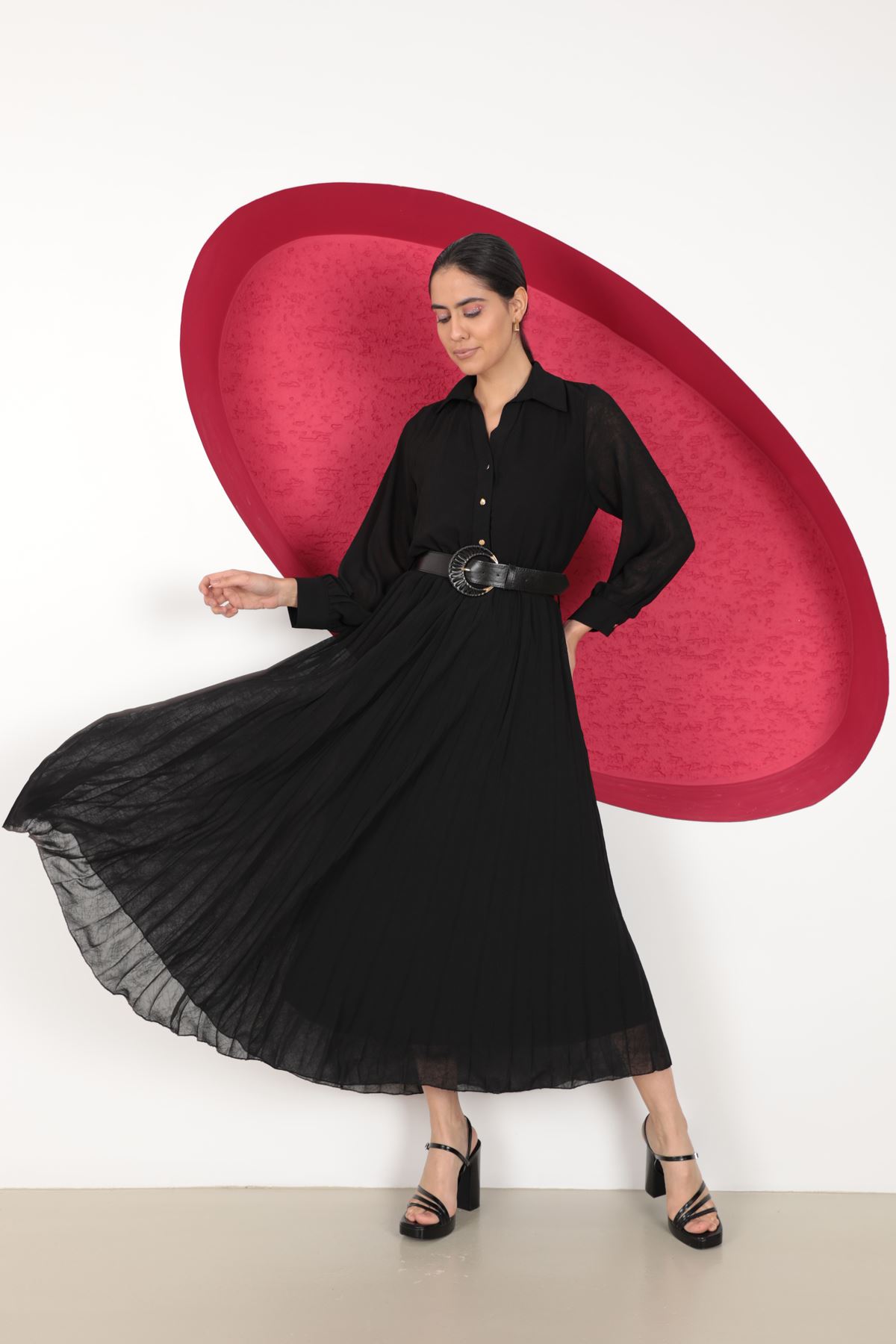 Aerobin Chiffon Pleated Belt Detail Women's Dress-Black