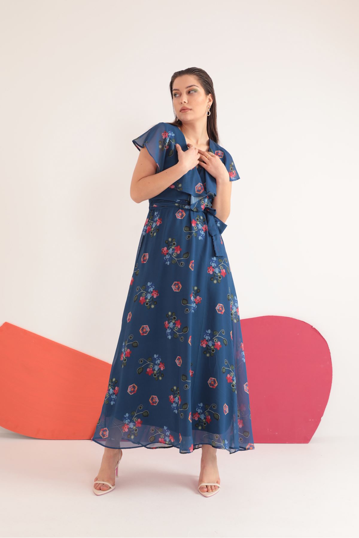 Şifon Kumaş Nakış Desenli Allerli Kadın Elbise-İndigo