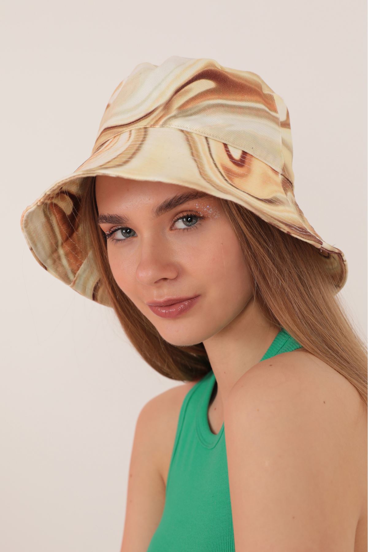Wide Brim Tie-Dye Patterned Women's Bucket Hat-Beige