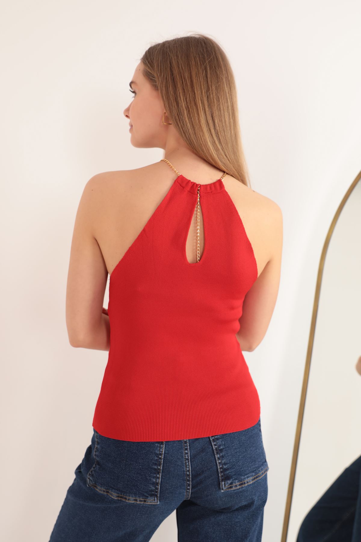 Triko Kumaş Zincir Detay Kadın Bluz-Kırmızı