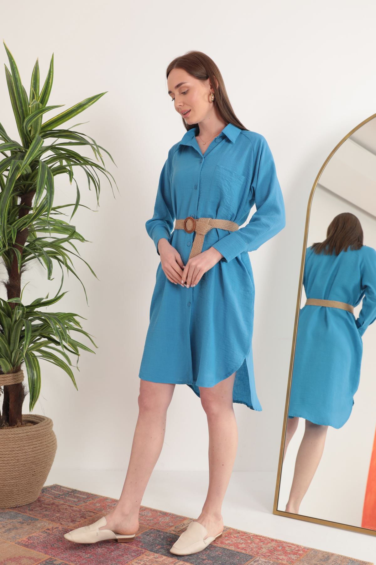 Женское платье-рубашка миди из льняной ткани-Синий
