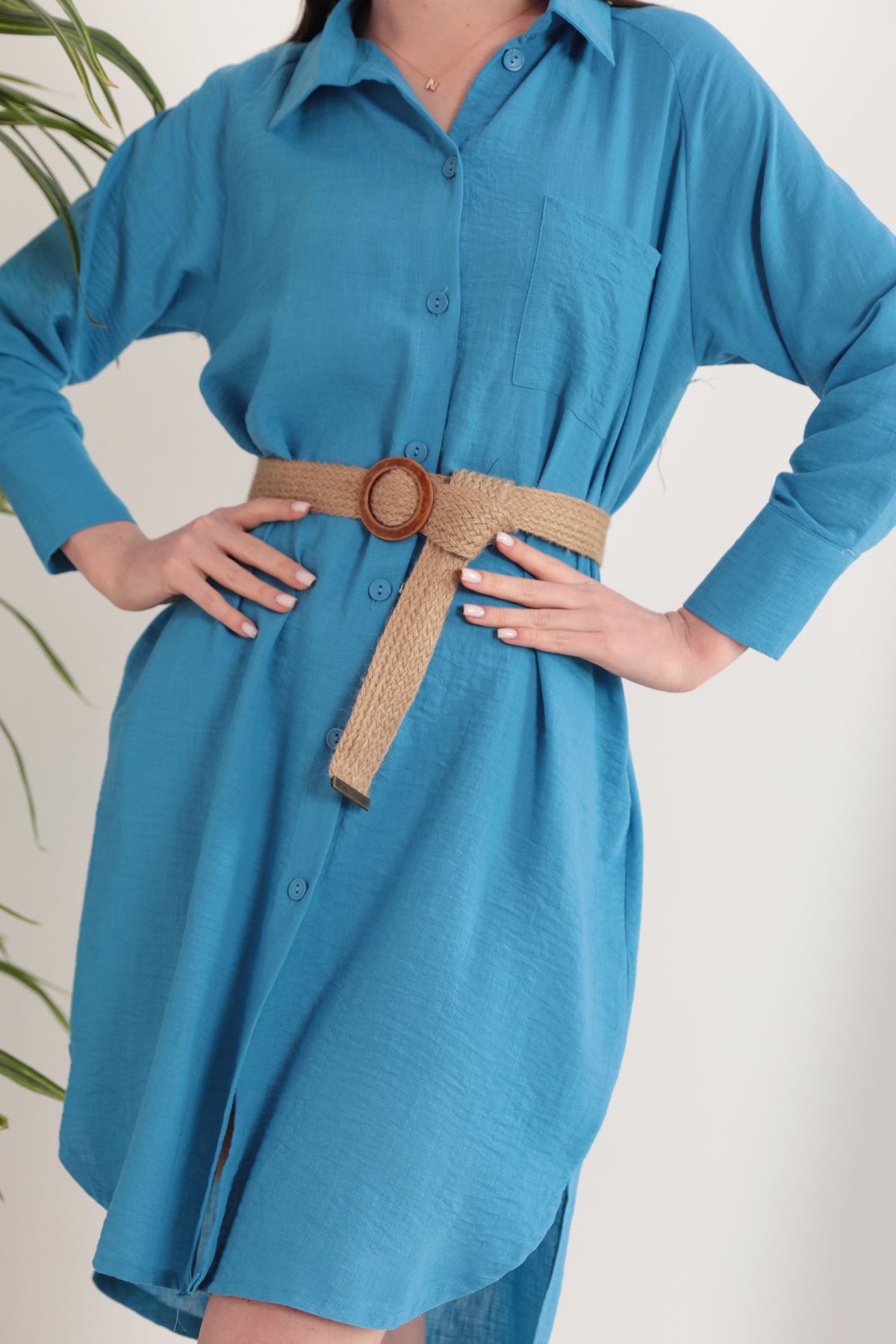Женское платье-рубашка миди из льняной ткани-Синий