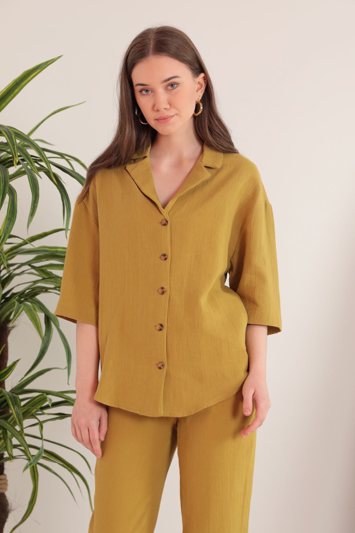 Женская рубашка с воротником из муслиновой ткани-горчичный