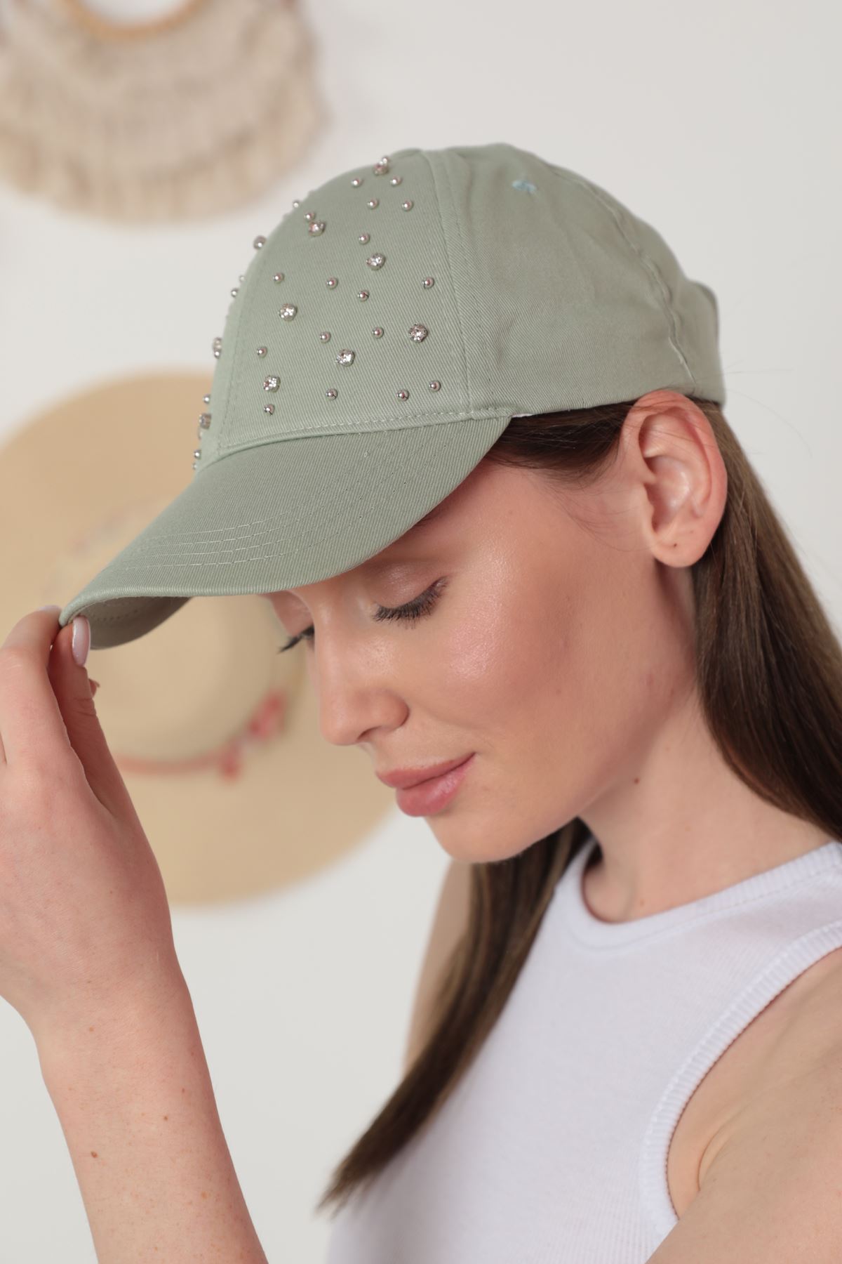 Women's Cap With Stones-Mint